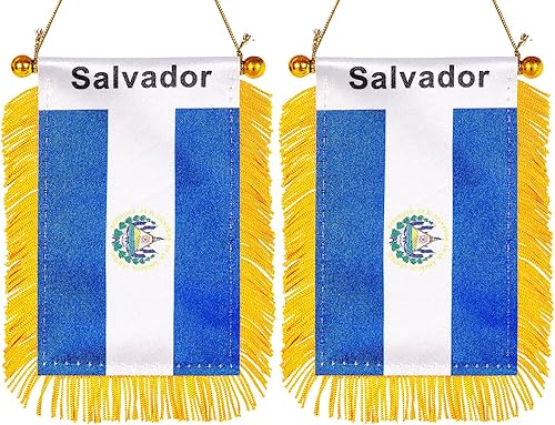 ZXvZYT Bandera colgante de ventana de Salvador de 3 x 5 pulgadas, mini banderas de auto salvadoreños, decoración de espejo retrovisor, con ventosa y