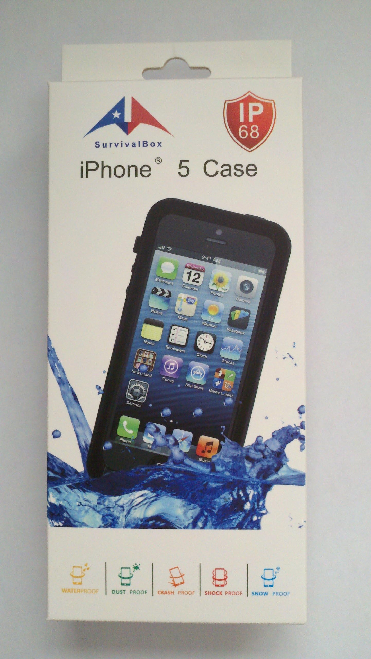 SurvivalBox iPhone 5/5s Case Waterproof Dustproof Shockproof Snowproof Crash Proof - Retail Packaging (Black) It is Compatible with i5s But Finger Print Sensor will NOT Work Defends from Water Damage up to 6.6ft(2m) Underwater Keeps Out Dirt Dust Mud Food and Debris Protect From Drops and Crashes Protects from Shock and Pressure Tested to Military Standard (MIL-STD 810F-516) to Withstand Drops of up to 6.6ft(2m) and Withstand Shocks of Up To 200kg of Force Safeguards from Elements Rain Hail Ice or Snow Up To 40℃ Below Zero Comes with Survivalbox Waterproof Case (NO iphone 5/5s, belt/back clip included), 2 Headphone Jack Covers, 1 Headphone Jack Cover Keeper, and 1 Headphone Adaptor. Designed for Original i5