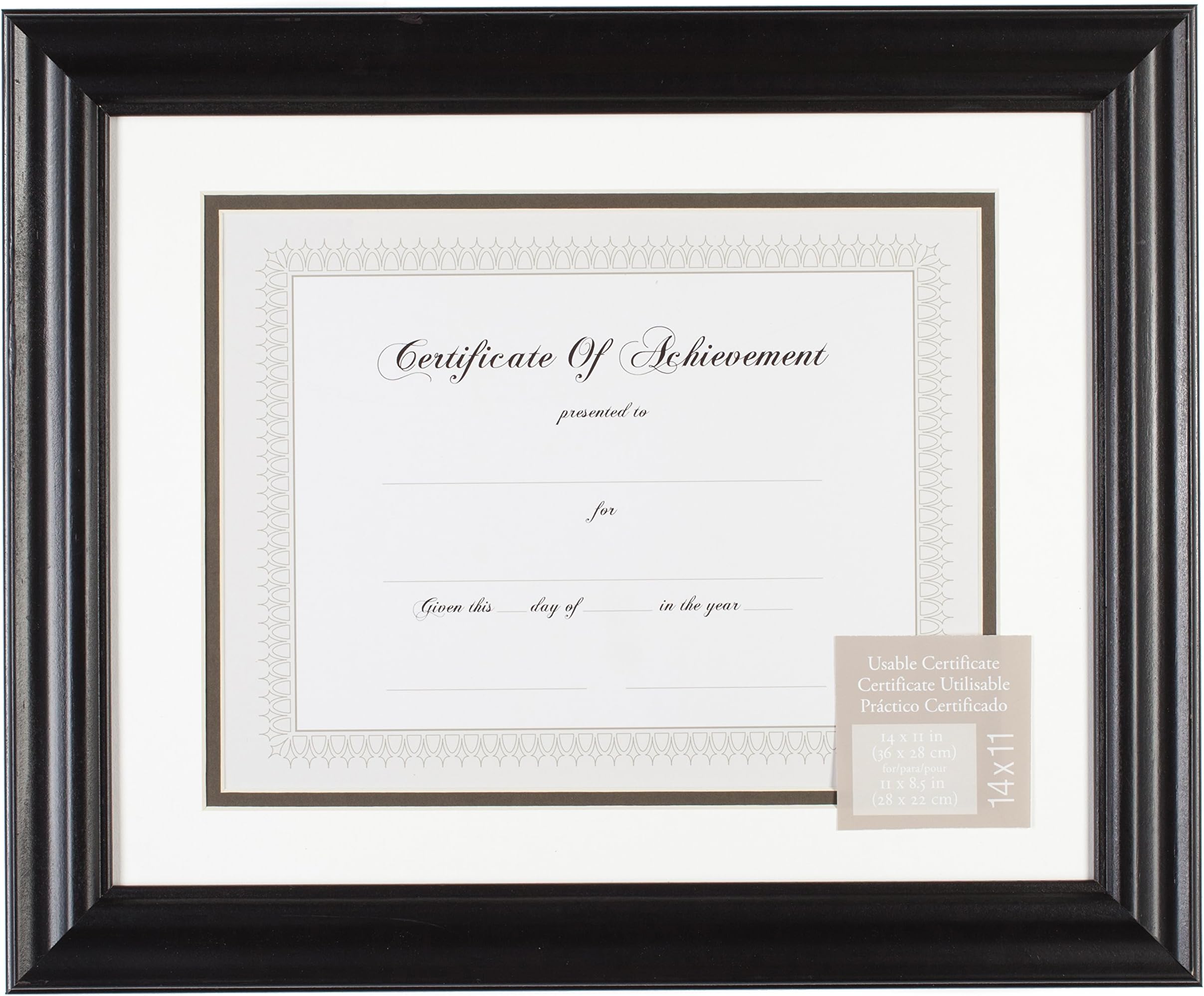 Gallery Solutions 11x14 Black Satin Document Frame with White Over Grey Mat for 8.5x11 Document or Image