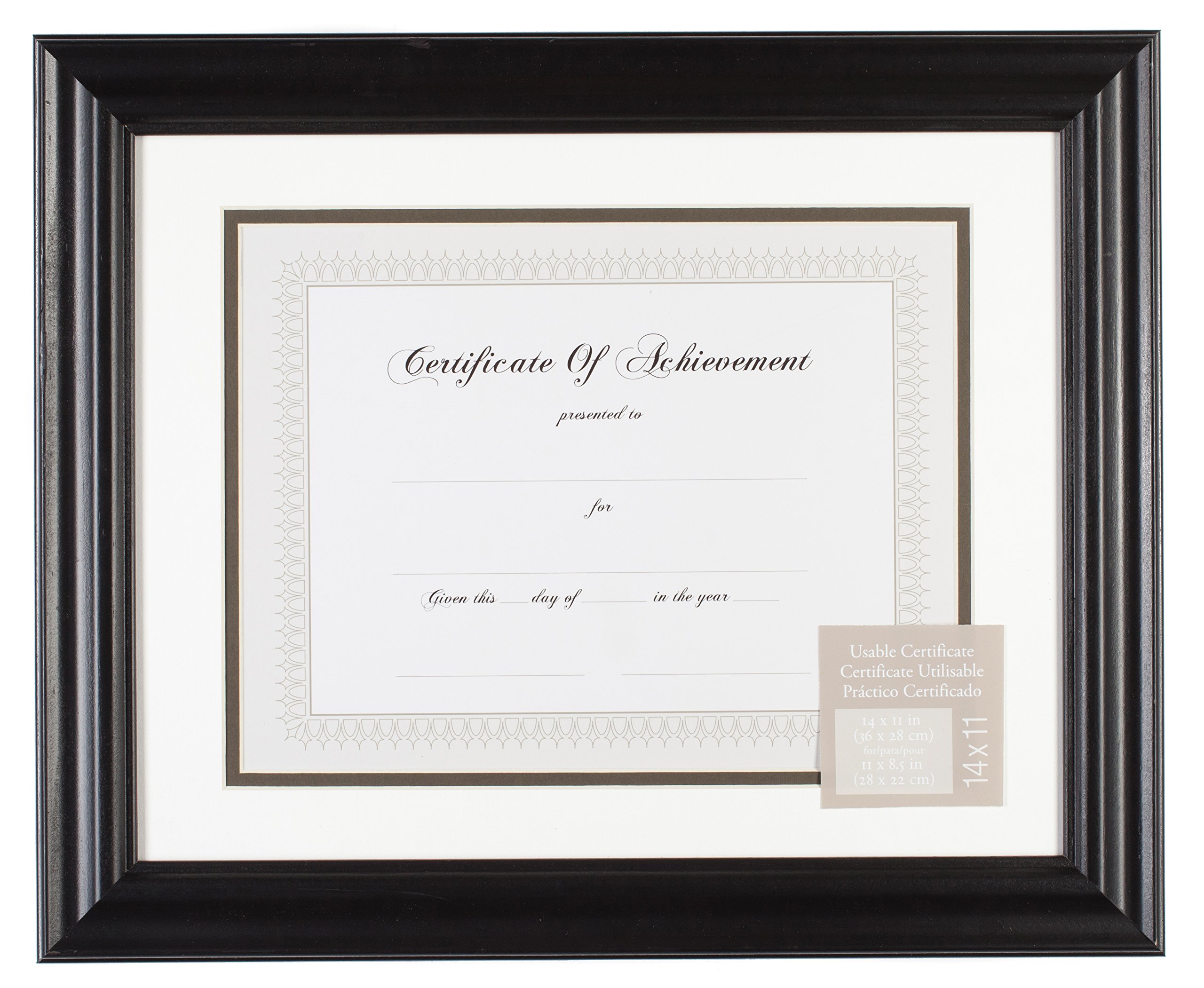 Gallery Solutions 11x14 Black Satin Document Frame with White Over Grey Mat for 8.5x11 Document or Image