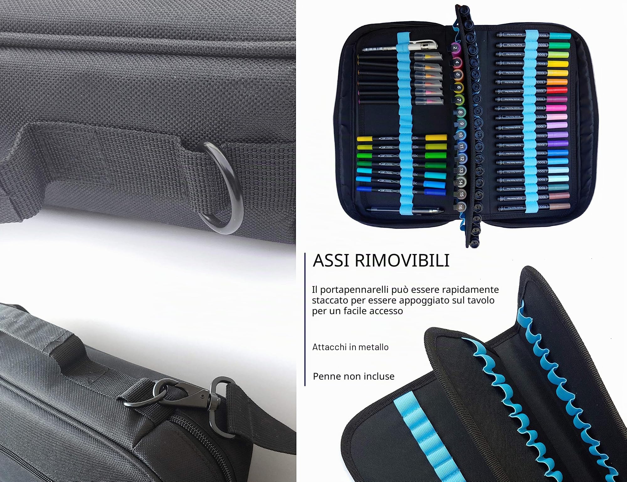 TOOLI-ART Custodia per pennarelli e penne, 120 scomparti, in tela, tasche extra, custodia trolley, tracolla rimovibile, per la maggior parte dei pennarelli (fino a 15 mm di diametro), rossetti, ecc.,