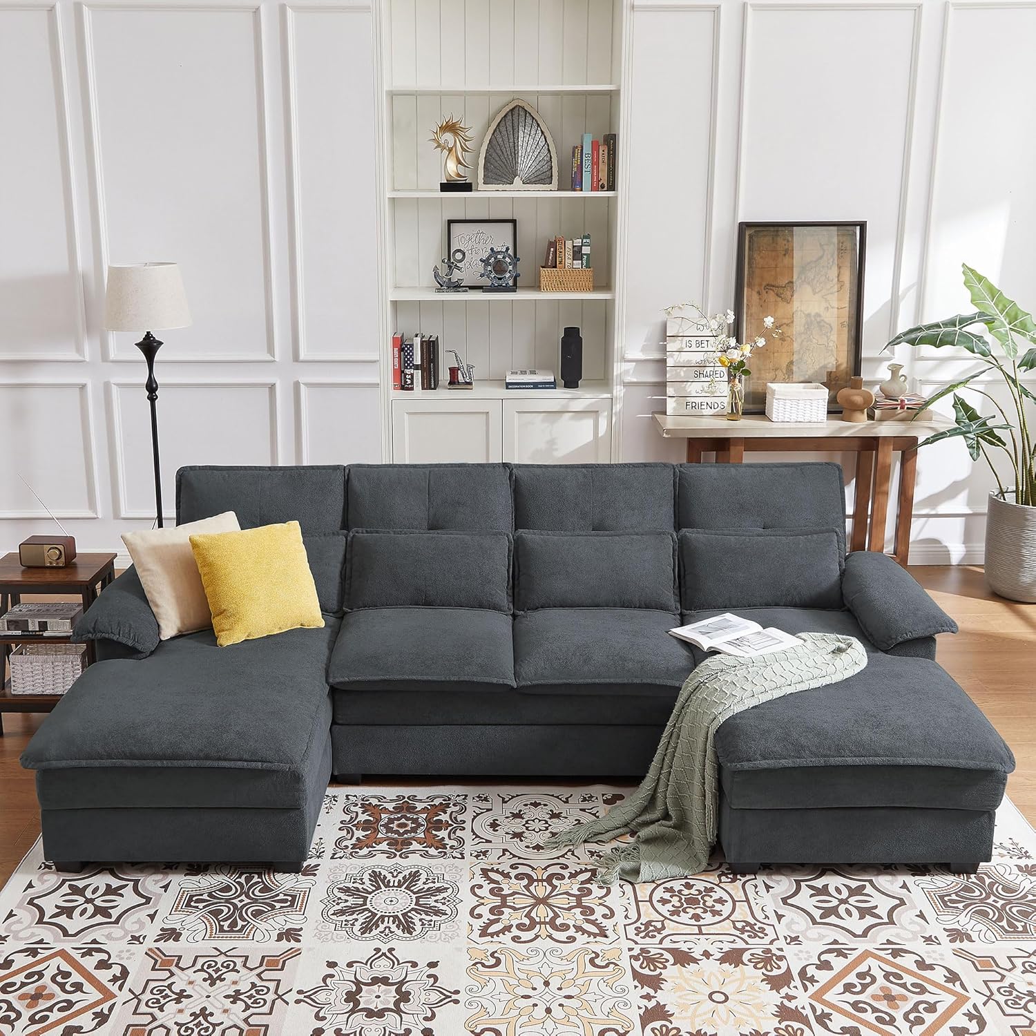 110" Comfy Cloud Couch Sectional Sofa with Lumbar Pillows, Modern U-Shaped Cloud Sofa with Double Chaise & Deep Seat for Living Room, or Office, Easy Assembly, Dark Grey
