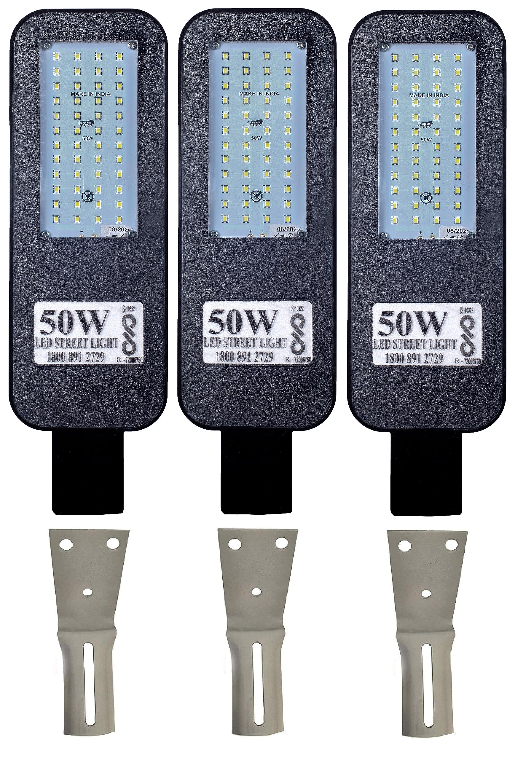 PE 50 Watts LED Waterproof Street Outdoor Light IP65, 140 Per watt Lumens with 3 Wall Clamps and 2 Years Warranty (Pack of 3)