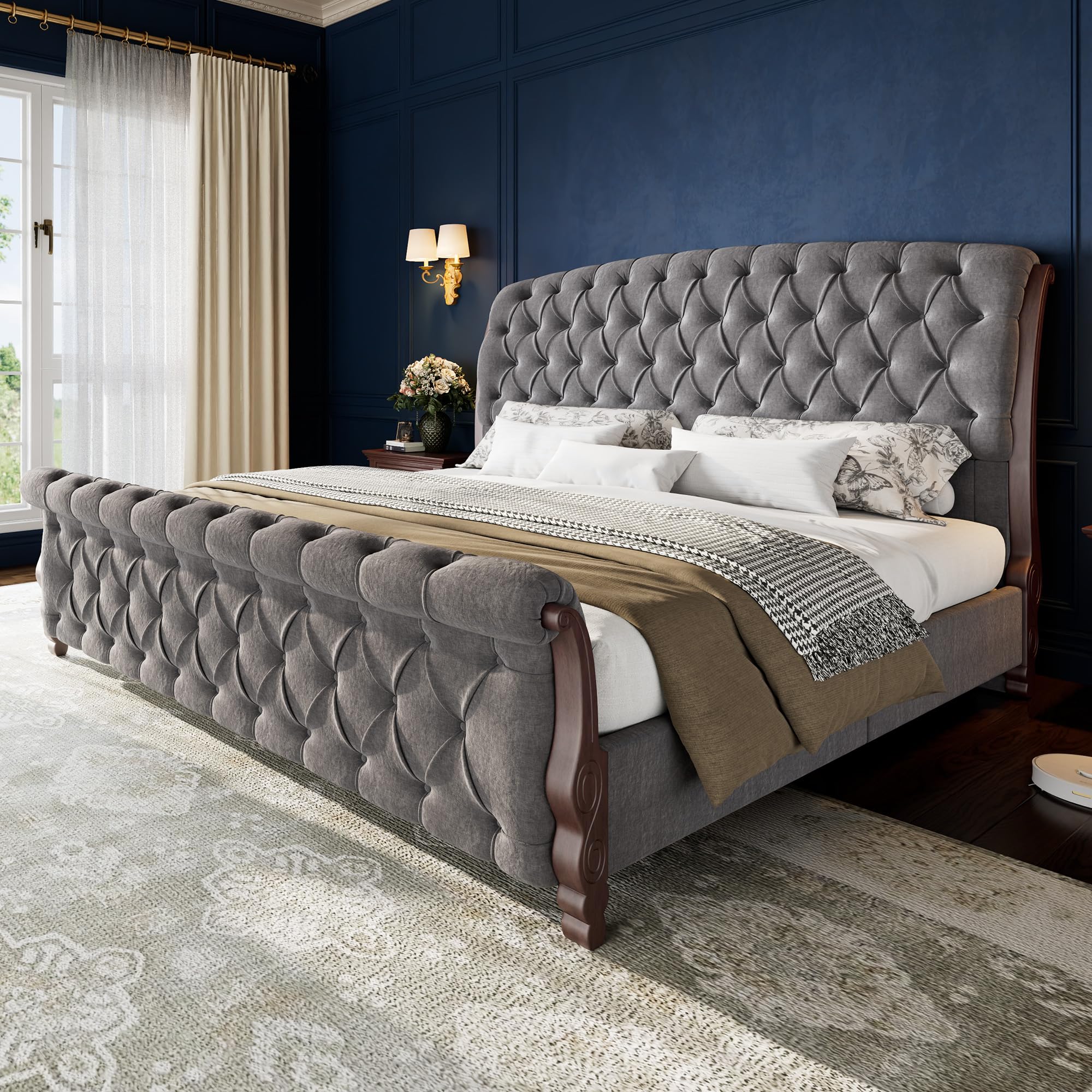 AMERLIFE King Sleigh Bed Frame with Upholstered Tufted Headboard