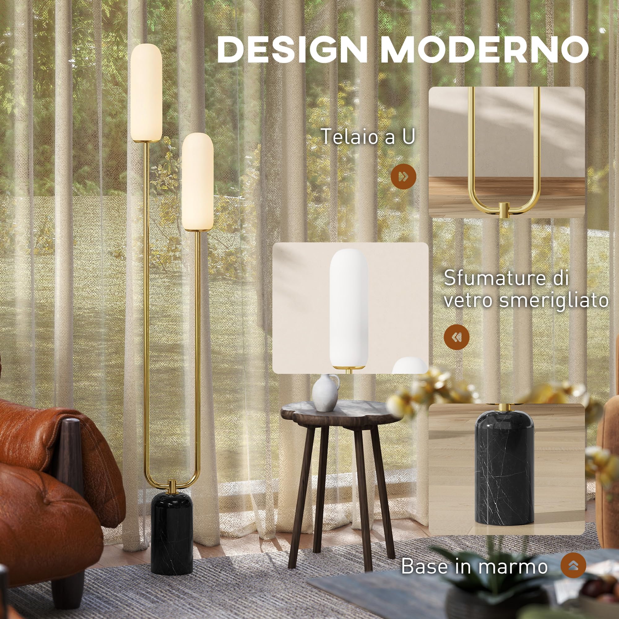 HOMCOM Lampada da Terra a U con 2 Luci e Interruttore a Pedale, Lampada a Piantana in Vetro e Acciaio con Base in Marmo, 26x12x150 cm, Bianco Nero e Oro