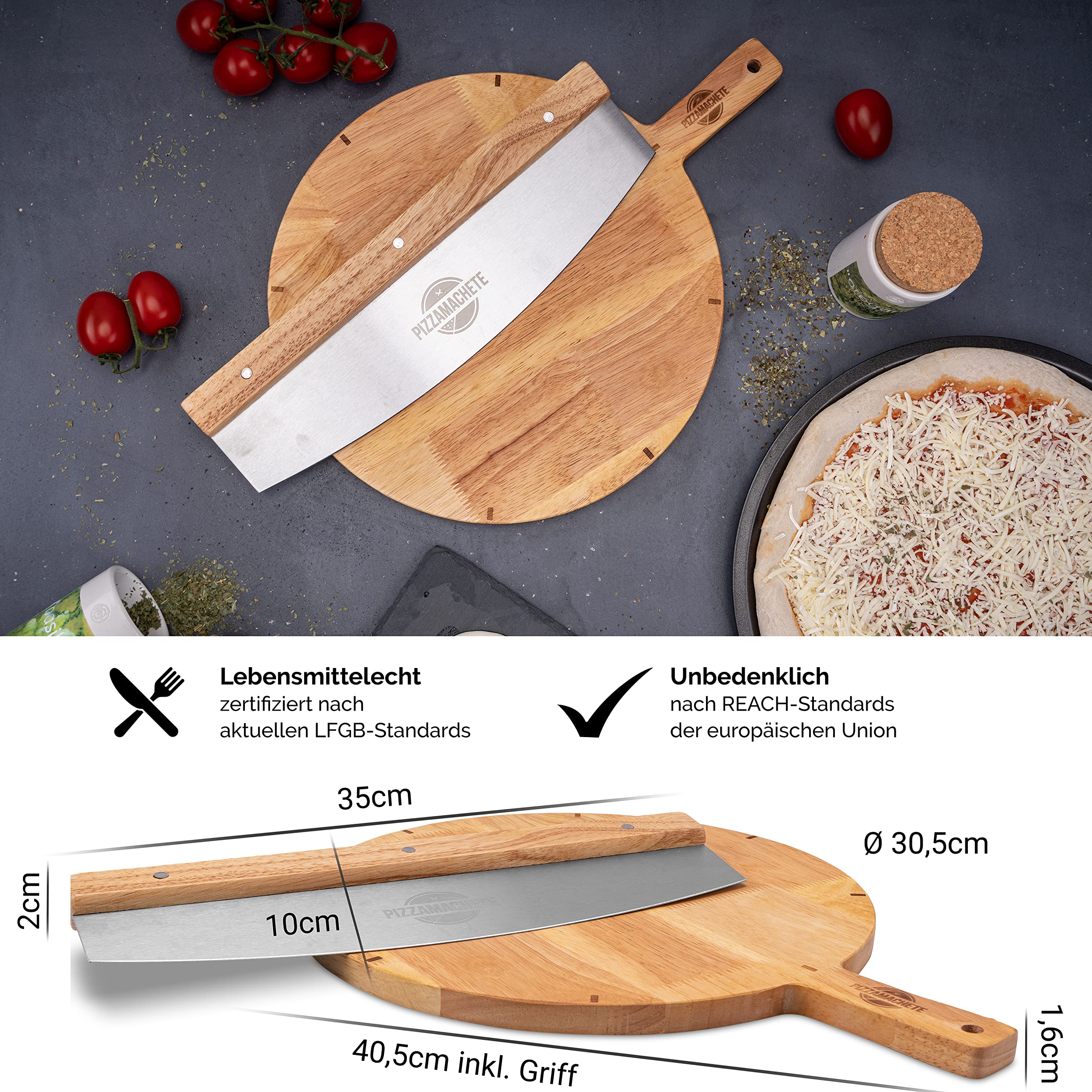 PIZZAMACHETE Pizzaschneider + Pizzabrett , Pizza Set bestehend aus Wiegemesser und Pizzaschneidebrett, -Zubehör mit Cutter aus rostfreiem Edelstahl, Bretter Holz-Griff