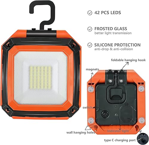 Miniatura 7 de Paquete de 2 luces de trabajo magnéticas portátiles LED con soporte, recargable, iluminación regulable de 900 lúmenes, base giratoria de 190,