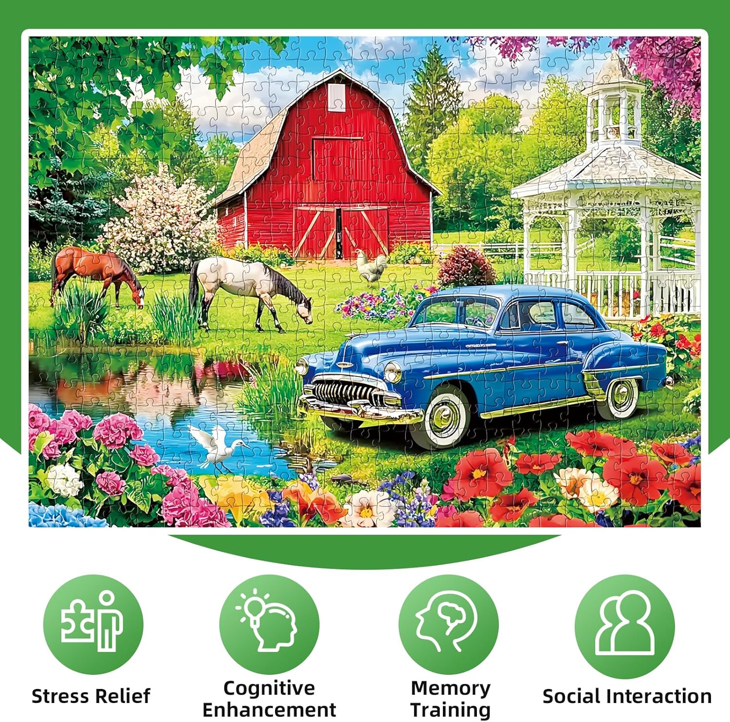 Puzzles for Adults 500 Pieces,Farm Horse Puzzle for Adult,Flowers Rooster Barn Truck Themed Jigsaw Puzzle,Country Life Puzzle for Seniors,Puzzles for Family Game Nights, 20.5x15 in