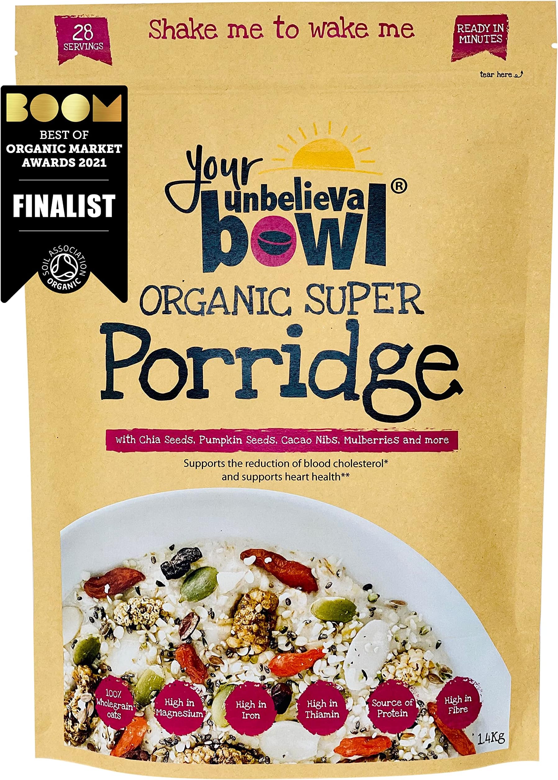 Organic Super Porridge / Overnight Oats, 1.4kg, 25% Superfoods, 28 Servings, 71p Per Serving, Gluten Free Oats, Chia, Hemp & Pumpkin Seed, Cacao, Mulberry, Goji, Flaxseed, Almond