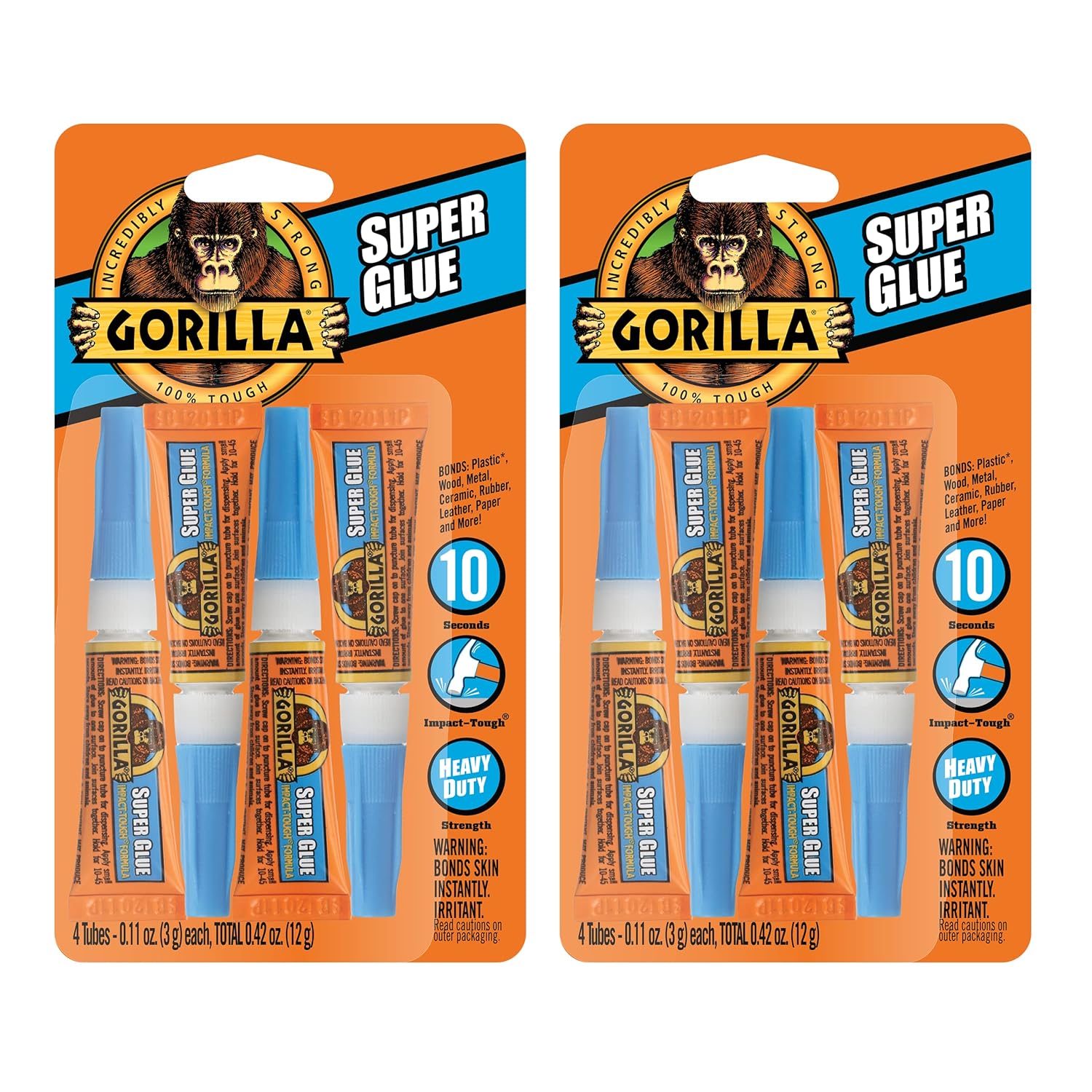 Gorilla Super Glue, Clear Glue, Four 3 Gram Tubes (Pack of 2) – All Purpose and Fast Setting for Projects and Repairs
