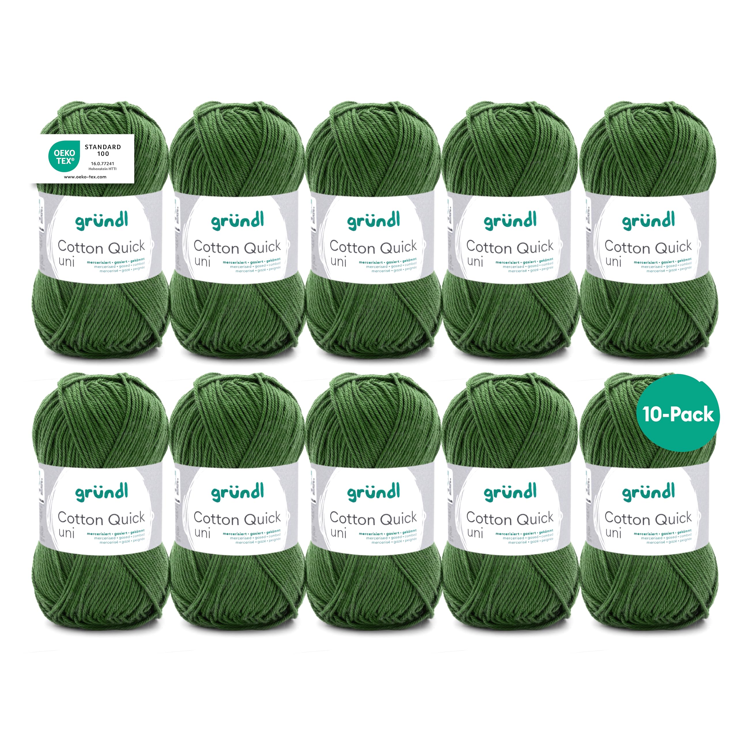Gründl Wolle Cotton Quick uni - dünne Wolle zum Häkeln - Strickgarn - Häkelgarn - Glänzend und hautfreundlich - 100% Baumwolle - 10 Knäuel 50 g / 125 m - Nadelstärke 3-4 - moos
