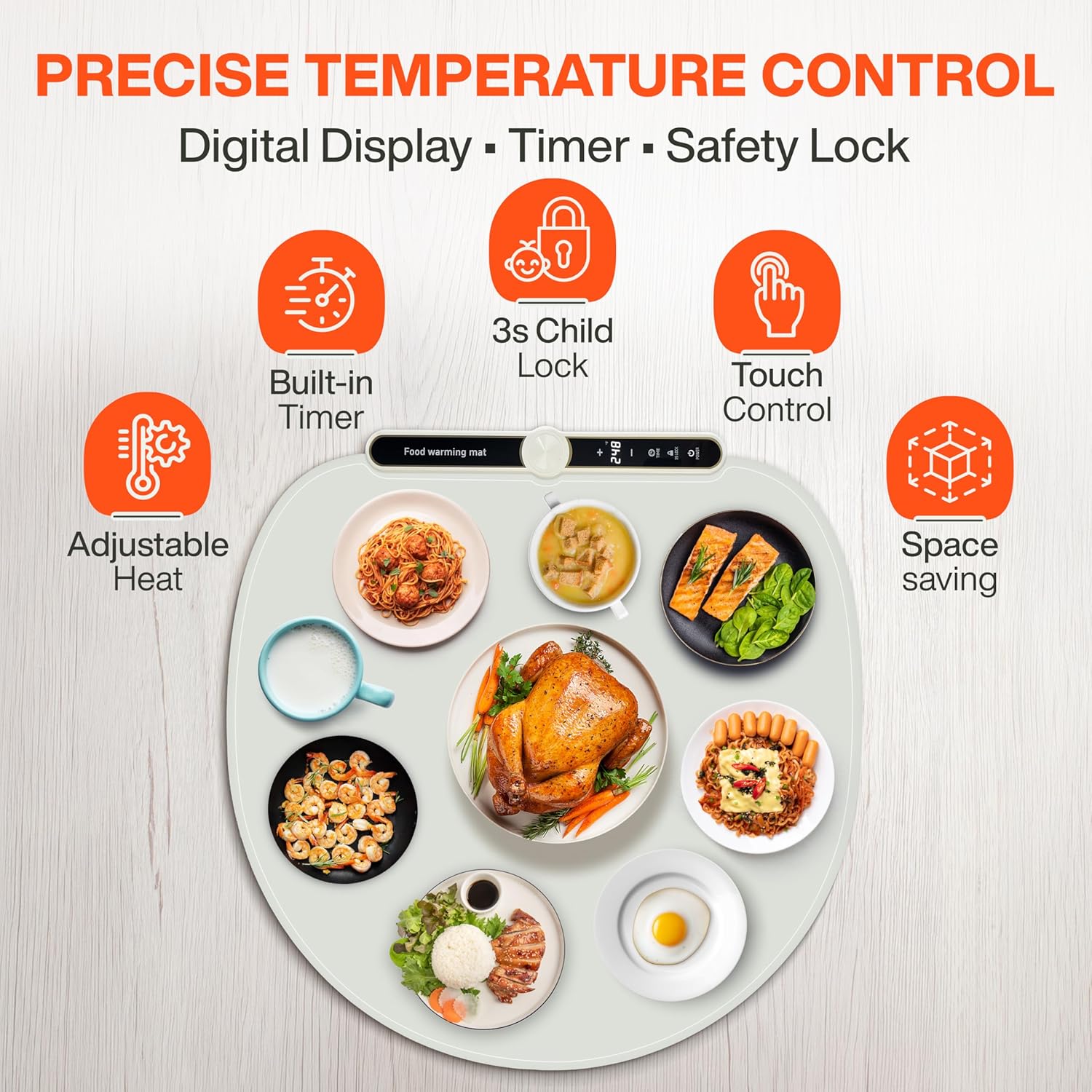 Round Shape Food Warming Mat XXL, 27.5''x27.5'' Ultra Thick Food Grade Silicone,Electric Food Warming with 9 Temp Level up to 248 F 1-6H Timer, Child Lock, Automatic Power Off, Fast Heating (Beige)