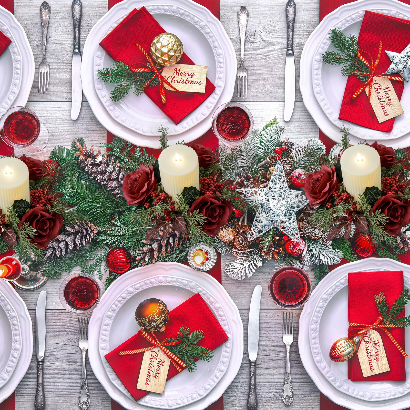 Christmas Rose Candle Holder - Xmas Wreath With Artificial Flowers, Red Berries, Pine Needle Leaves - Table Decoration for Dining Tables, Fireplaces, Windows