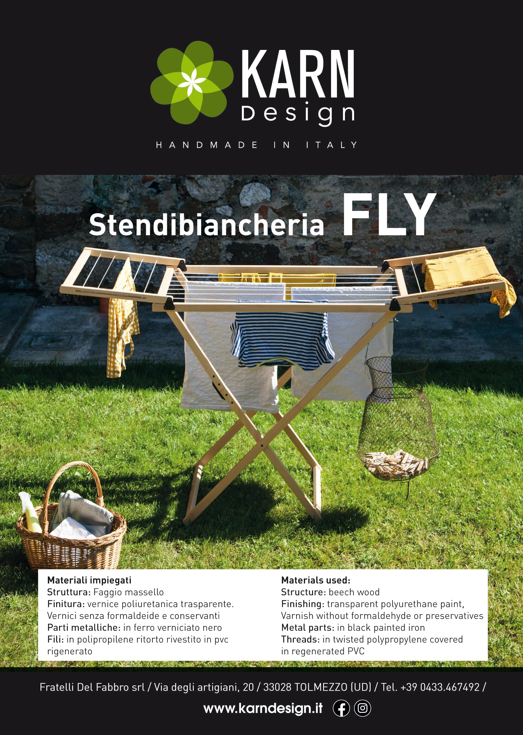 Karn Fly – Klappbarer Wäscheständer aus massiver Buche – Eleganter Wäschetrockner für Innen- und Außenbereich – 15 ausziehbare Meter auch für Bettlaken – Robust und austauschbar – Made in Italy