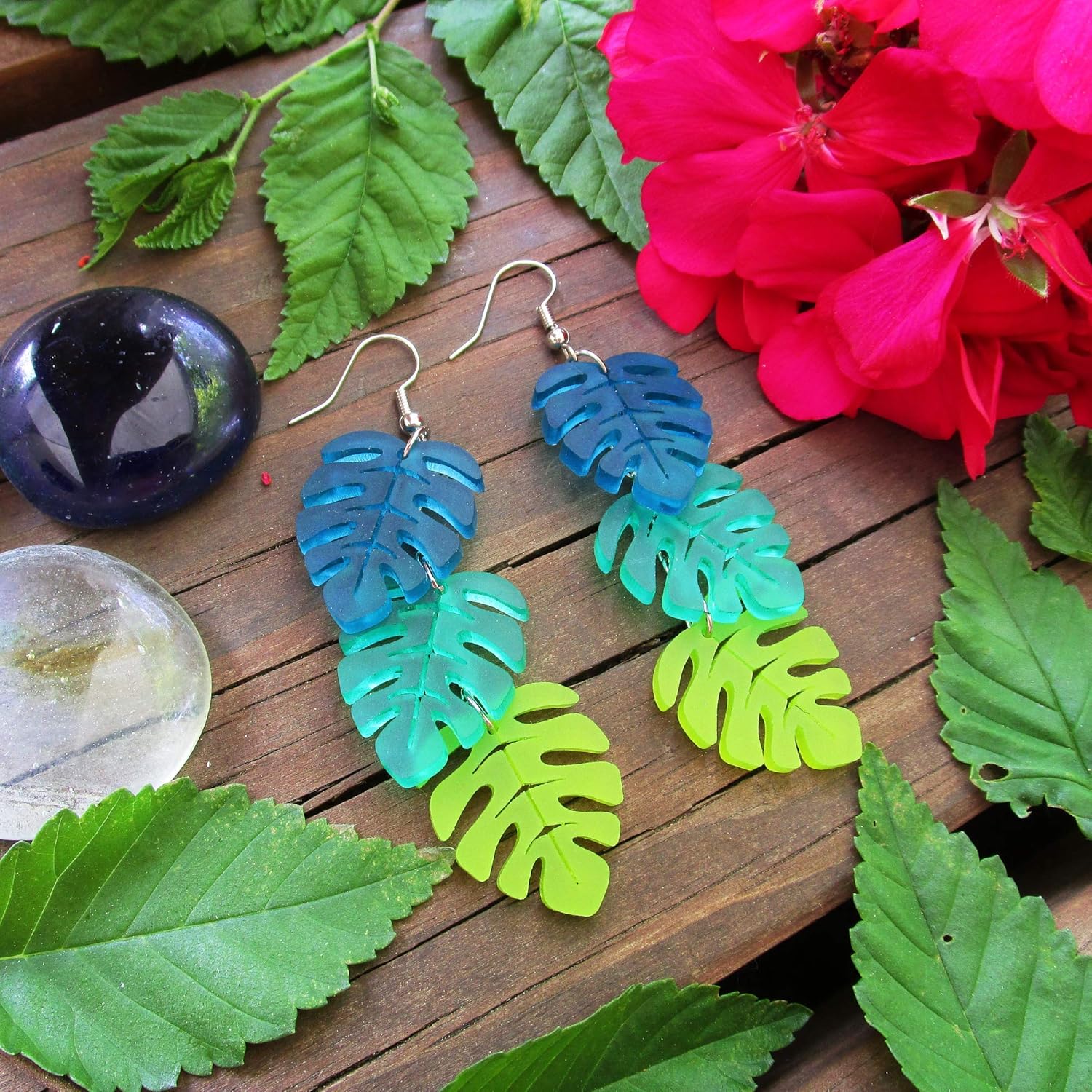 Monstera Leaf Tropical Leaves Cascading Dangle Earrings, Teal Green Chartreuse Summer Color Luau Beach Necklace Jewelry