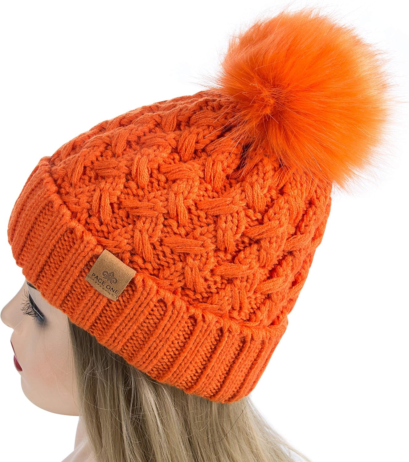 PAGE ONE Womens Winter Ribbed Beanie Crossed Cap Chunky Cable Knit Pompom Soft Warm Hat image 3