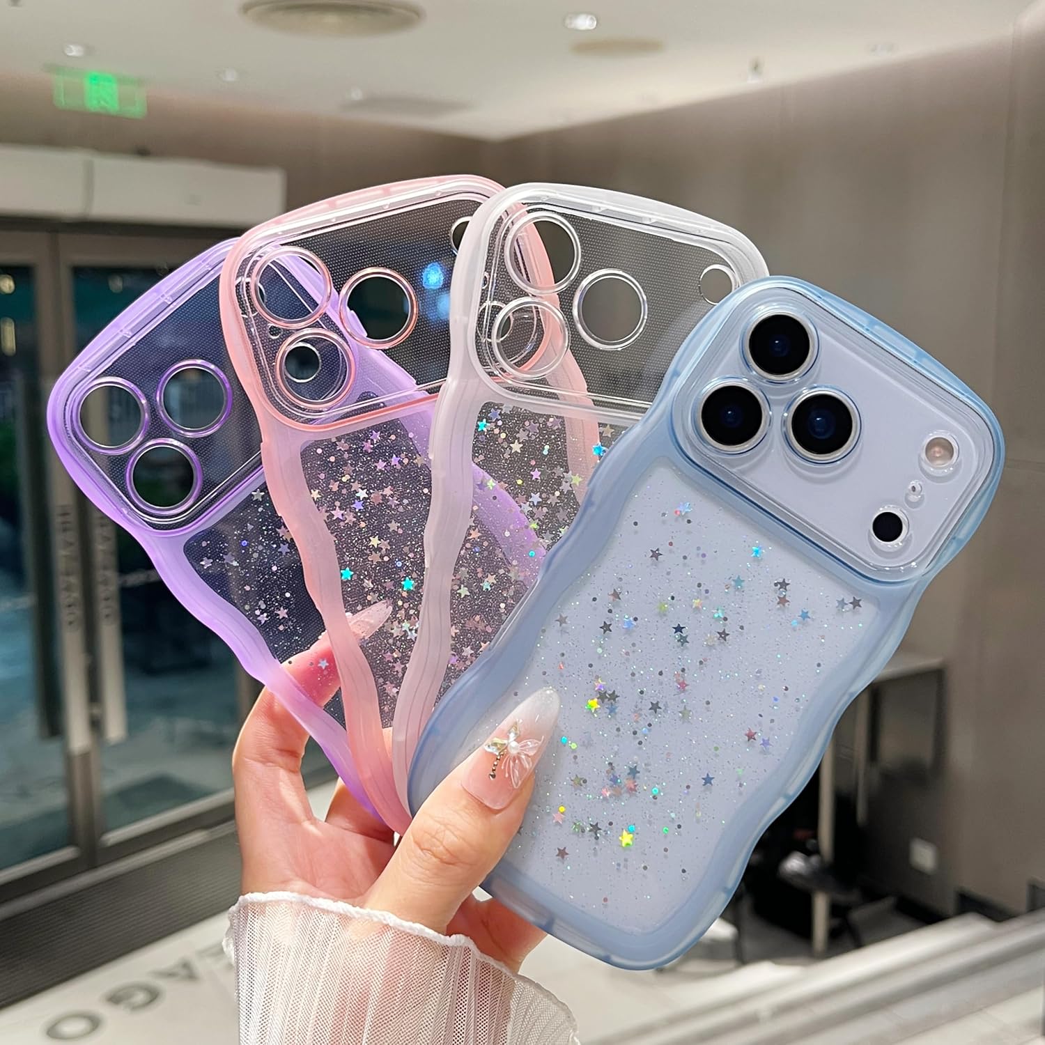 ZTOFERA for iPhone 17 Pro Max Case 6.9",Cute Curly Wave Case with Star Glitter,Clear Shiny Bling Soft TPU Shockproof Phone Protecive Cover for Women Girls-Blue - Image 7