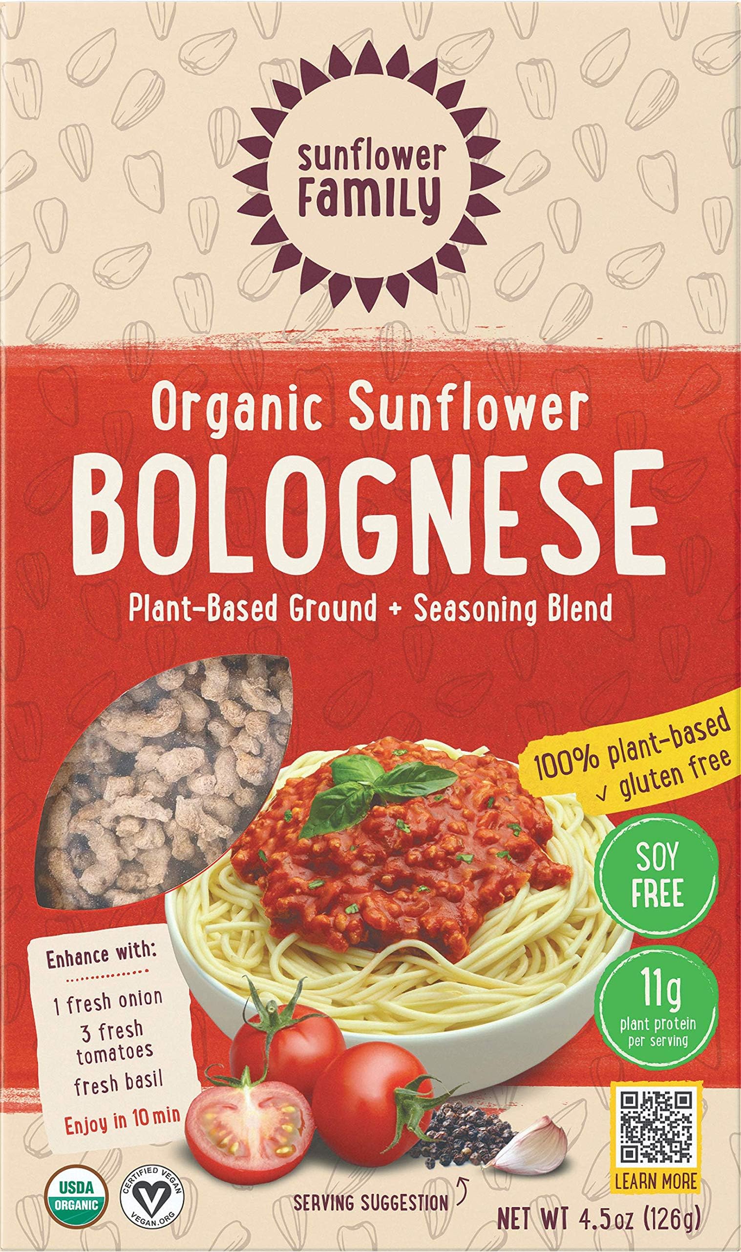 SunflowerFamily Organic Sunflower Bolognese - 4.5 oz - 11g Protein - Plant Based Meat Alternative - Ready-To-Cook Meal Kit - Certified USDA Organic, Certified Vegan, Kosher, Gluten-Free