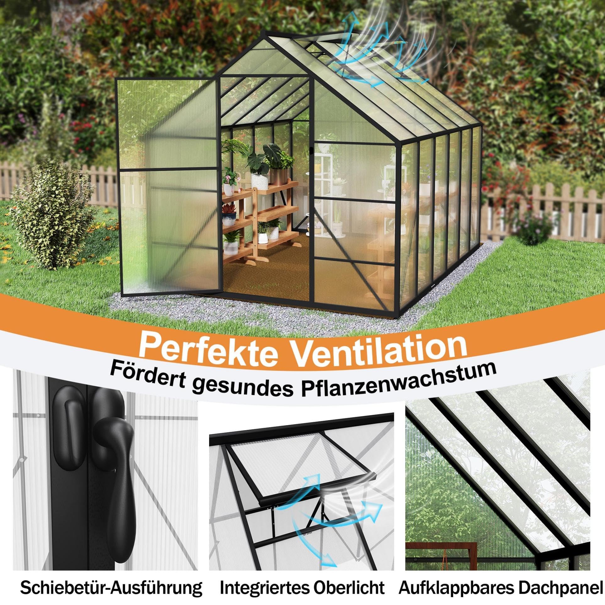 YRHome Szklarnia premium z aluminium, 310 x 250 x 205 cm, 7,75 m², szklarnia ogrodowa ze wzmocnionym fundamentem, oknami dachowymi i drzwiami, odporna na warunki atmosferyczne i temperaturę, na