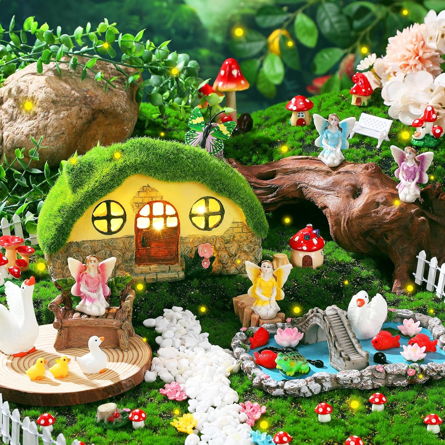 Roowest 57 Pcs Solar Fairy House Garden Accessories Kit Light up Mushroom House Resin Fairy Village Figures Garden Resin Miniature Fish Pond Figures Micro Landscape Outdoor Decorations