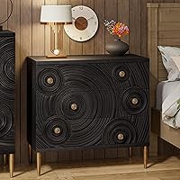 Aoikax Farmhouse 3 Drawer Dresser Black Gold, Distressed Boho Nightstand with Embossed Ring Motif for Bedroom Entryway