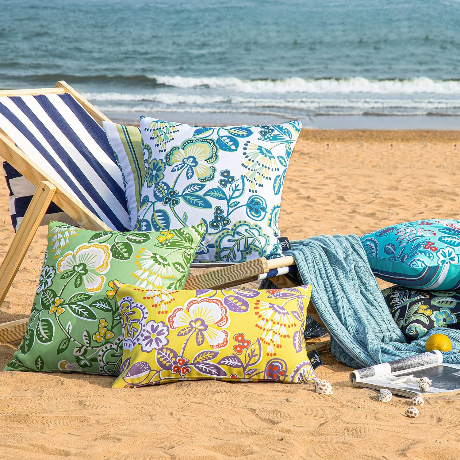 Phantoscope Pack of 2 Outdoor Indoor Throw Decorative Pillow Cover Decorative Waterproof Striped Floral Patio Pillows Cushion Case for Couch Tent Park, Turquoise 18 x 18 Inches - Image 6