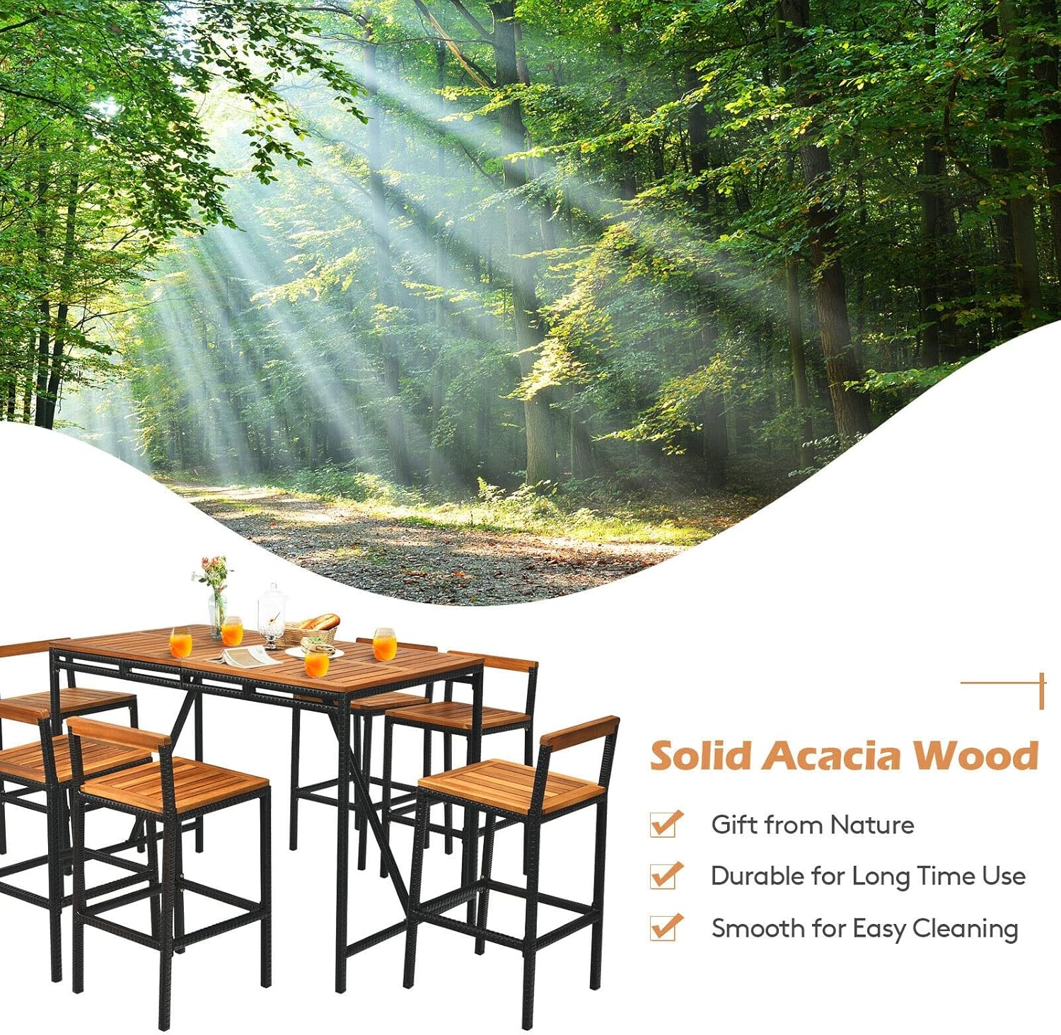 7PCS Patio Rattan Bar Set Acacia Wood Frame Stools Table Umbrella Hole Outdoor Bar Set