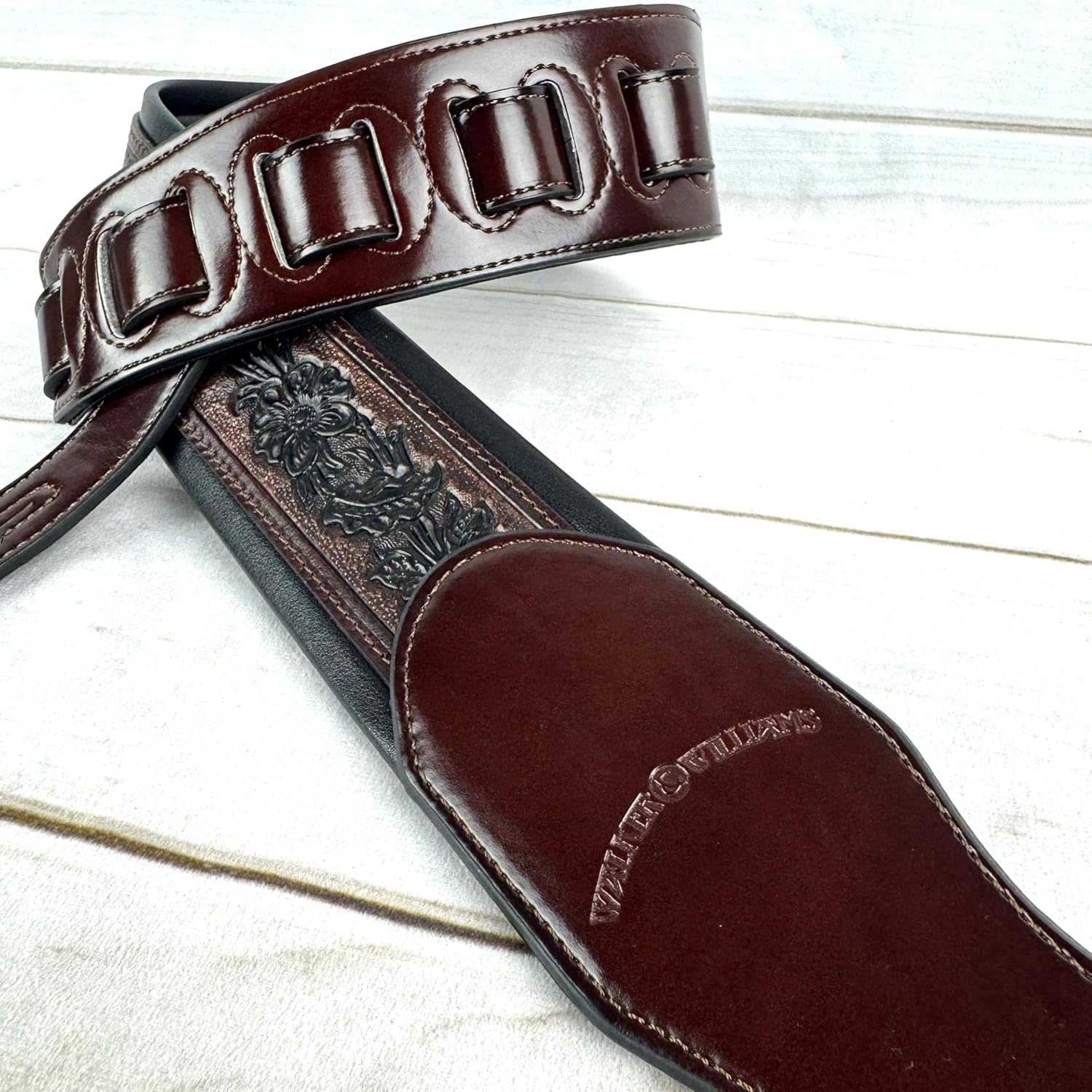 Walker and Williams KB-02-BC Walnut Brown Carved Padded Strap With Black finished Skull & Christian Cross Design For Acoustic, Electric And Bass Guitars