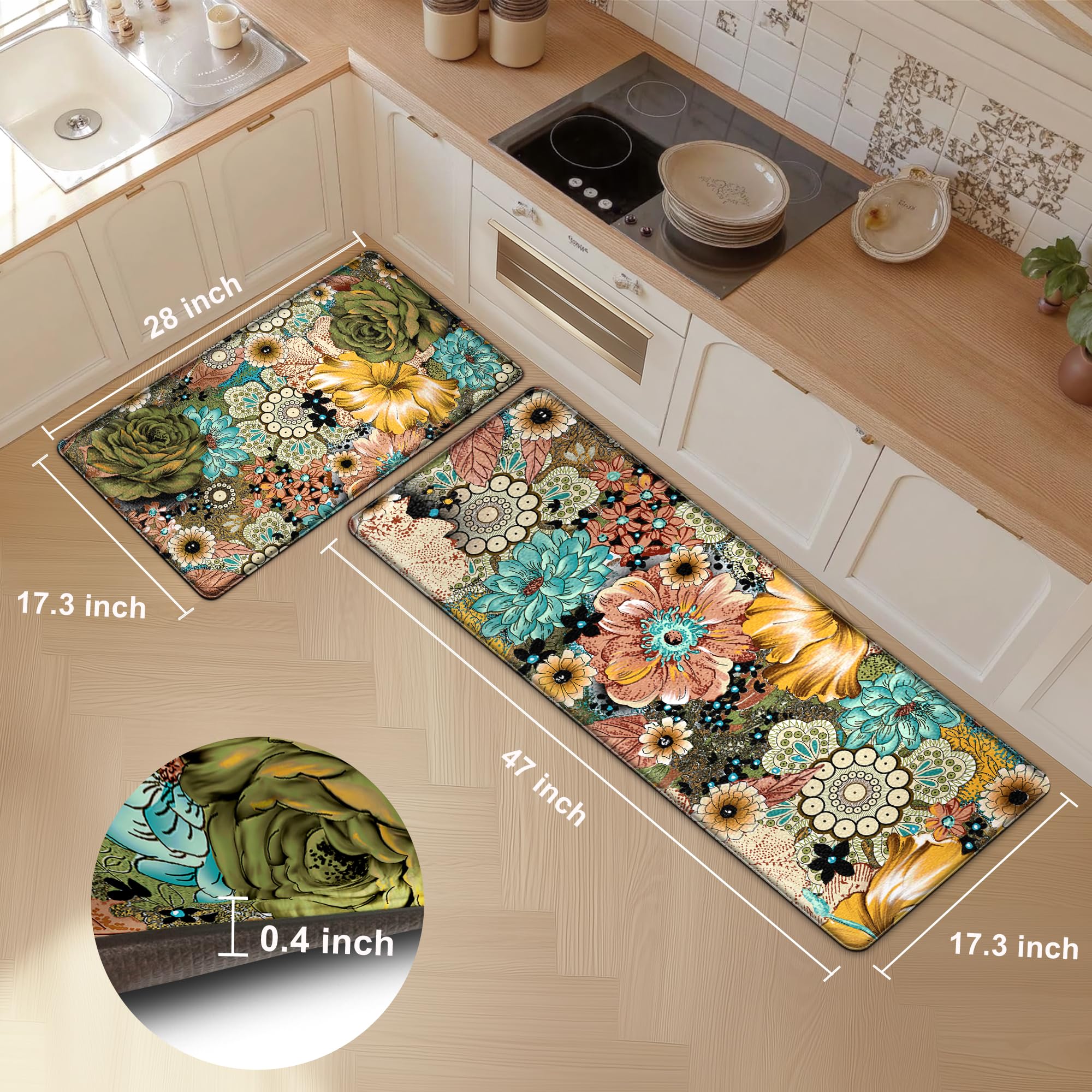 zhuzai Kitchen Mats for Floor Cushioned Anti Fatigue Sets of 2 Boho Floral Kitchen Rugs Non Slip Waterproof Memory Foam Kitchen Floor Mats Padded Comfort Standing Mat Rug for Sink Laundry Office