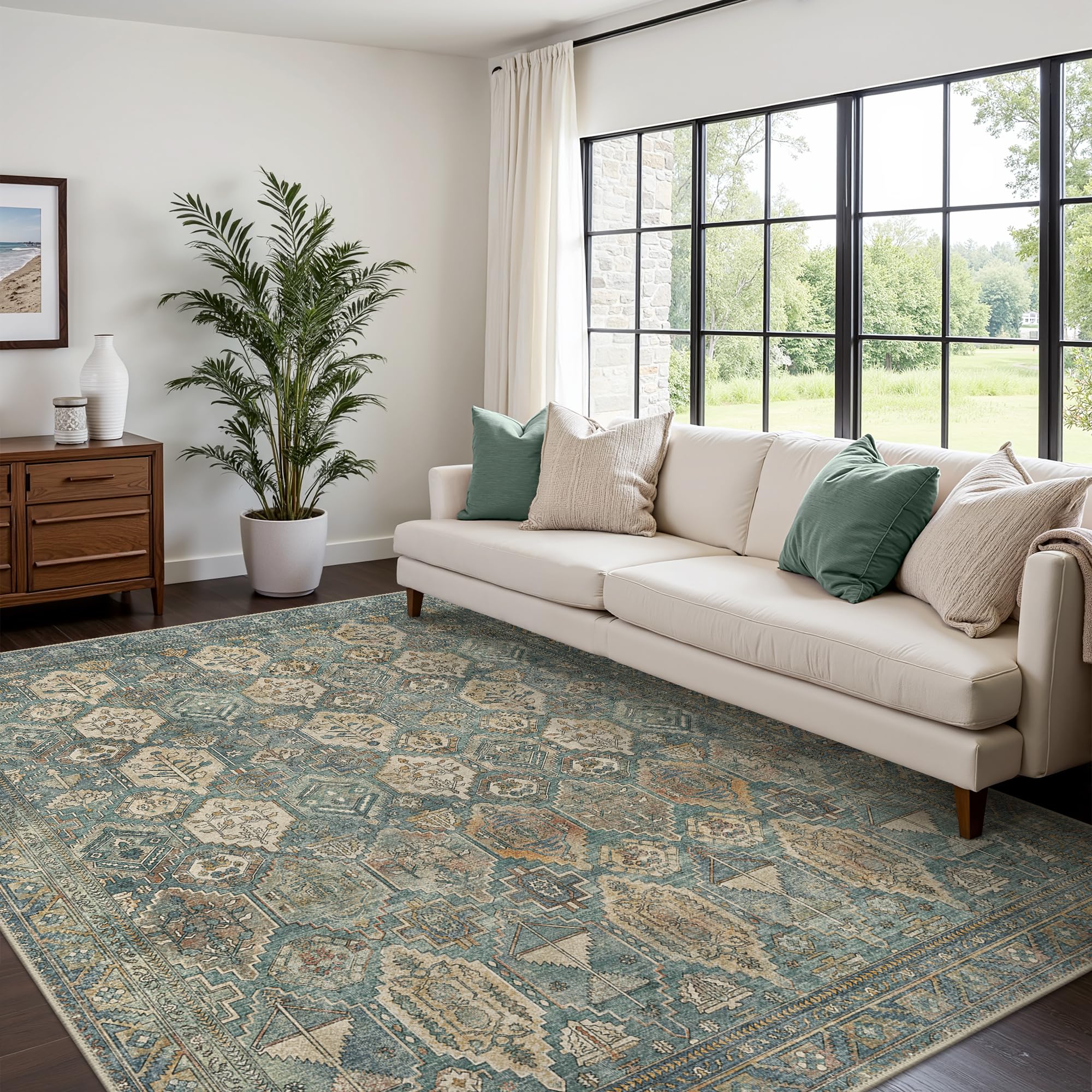 Bavni Washable Rug 5x7 Area Rug for Living Room Bedroom Dining, Washable Vintage Print Carpet, Ultra-Thin Low Pile Lightweight Rug with Non Slip