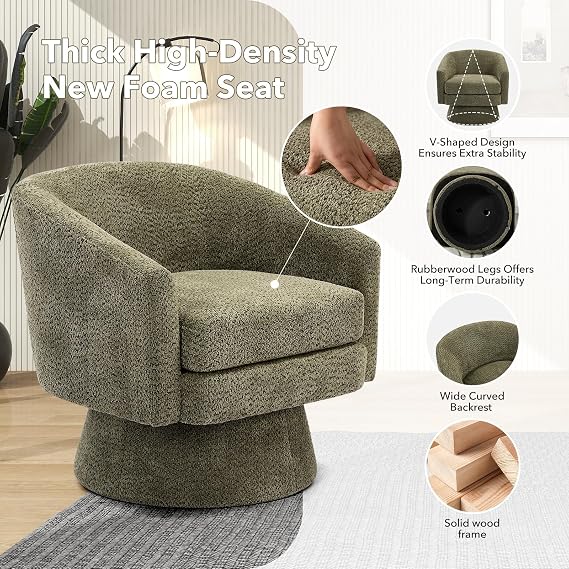 360 Swivel Accent Chair with Armrest, Modern Chenille Upholstered Barrel Armchair with Soft Cushion, Comfy Round Armchair for Living Room, Bedroom, Office, Green