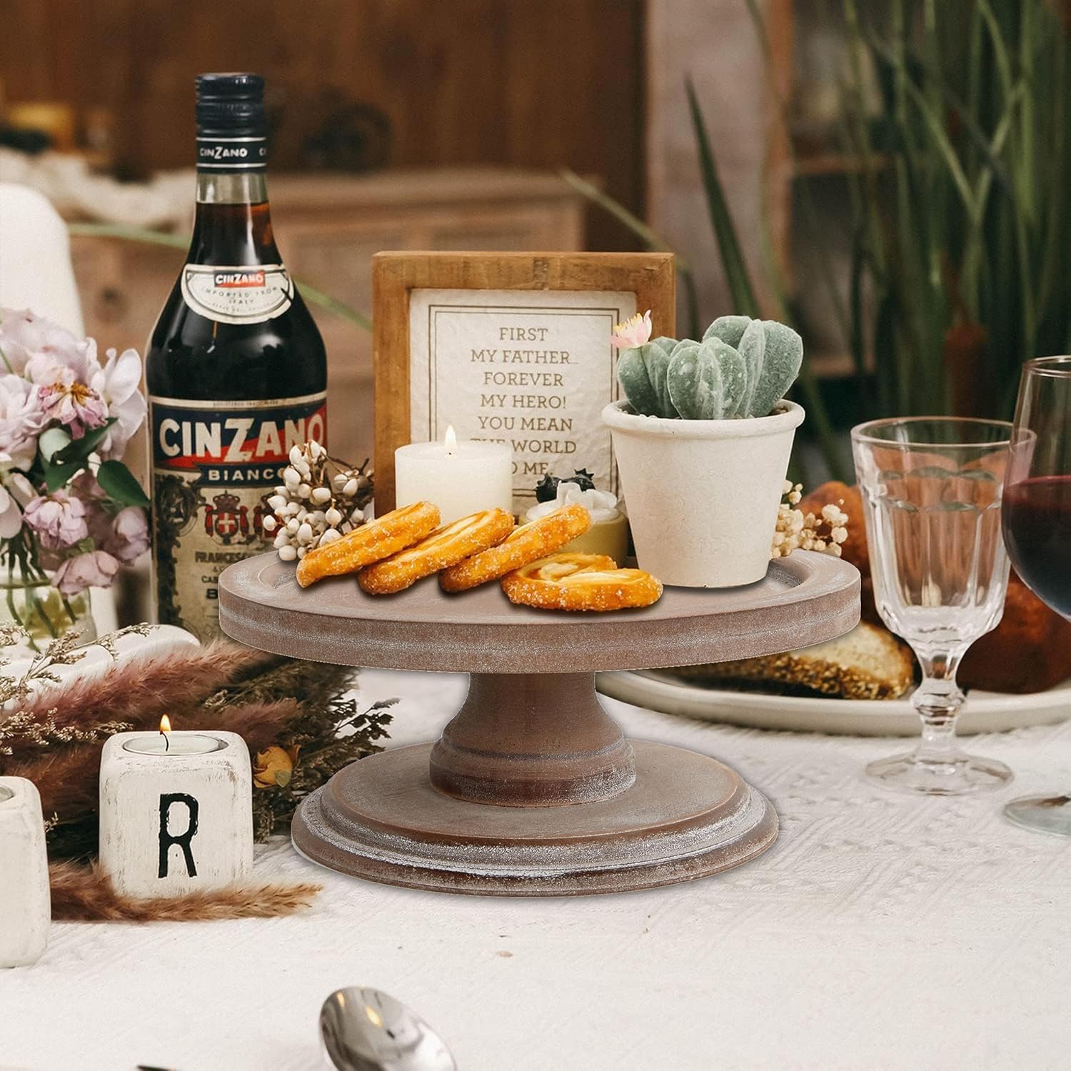 SOFE Round Wood Cake Stands Farmhouse Risers for Display Decorative, Cake Pedestal Serving Platter for Coffee Dessert Table, Party, Wedding, Dining Room, Living Room