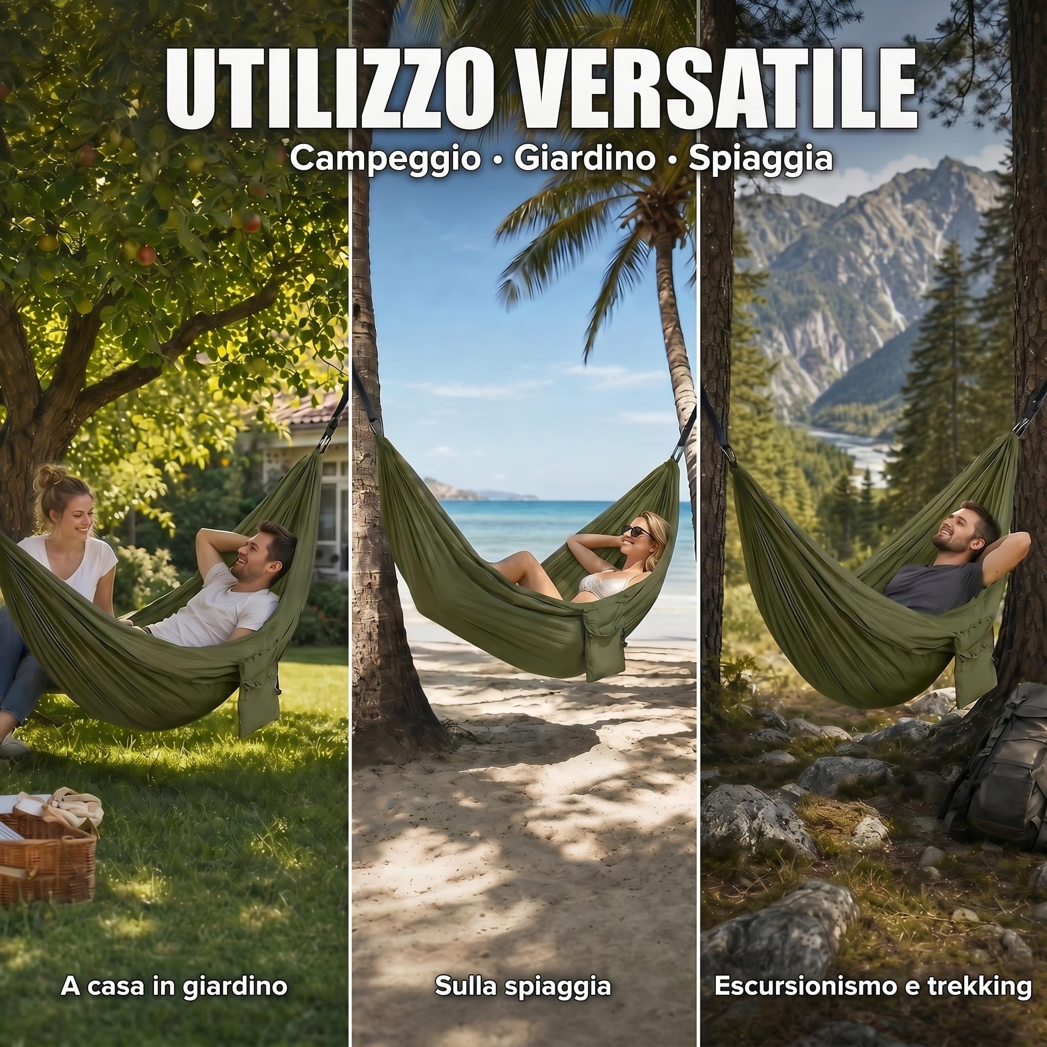 Amaca Doppia Ultraleggera Verde Militare 300 kg per Esterno Campeggio con Cinghie e Anelli a D