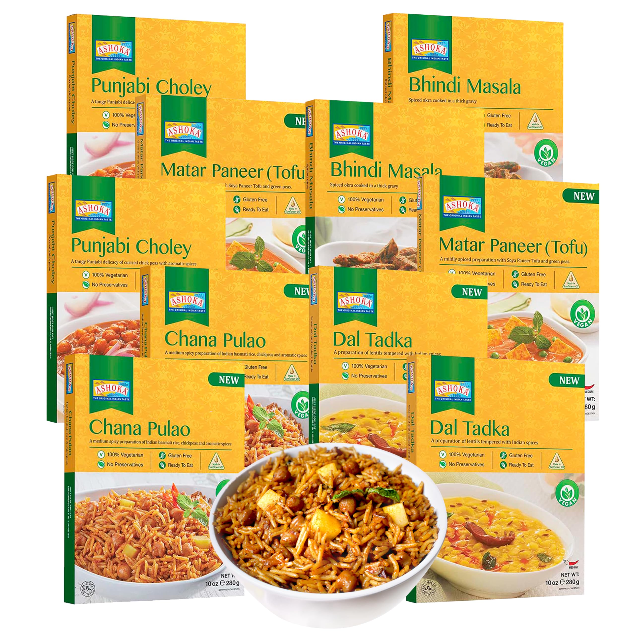 Ashoka Meals 1932, Heat & Eat Meal Kit, Customer Favorites, Kosher Certified, Plant-Based Variety Pack, On the Go Meal, Great for Outdoors, Authentic Indian Food, No Preservatives, Pack of 10