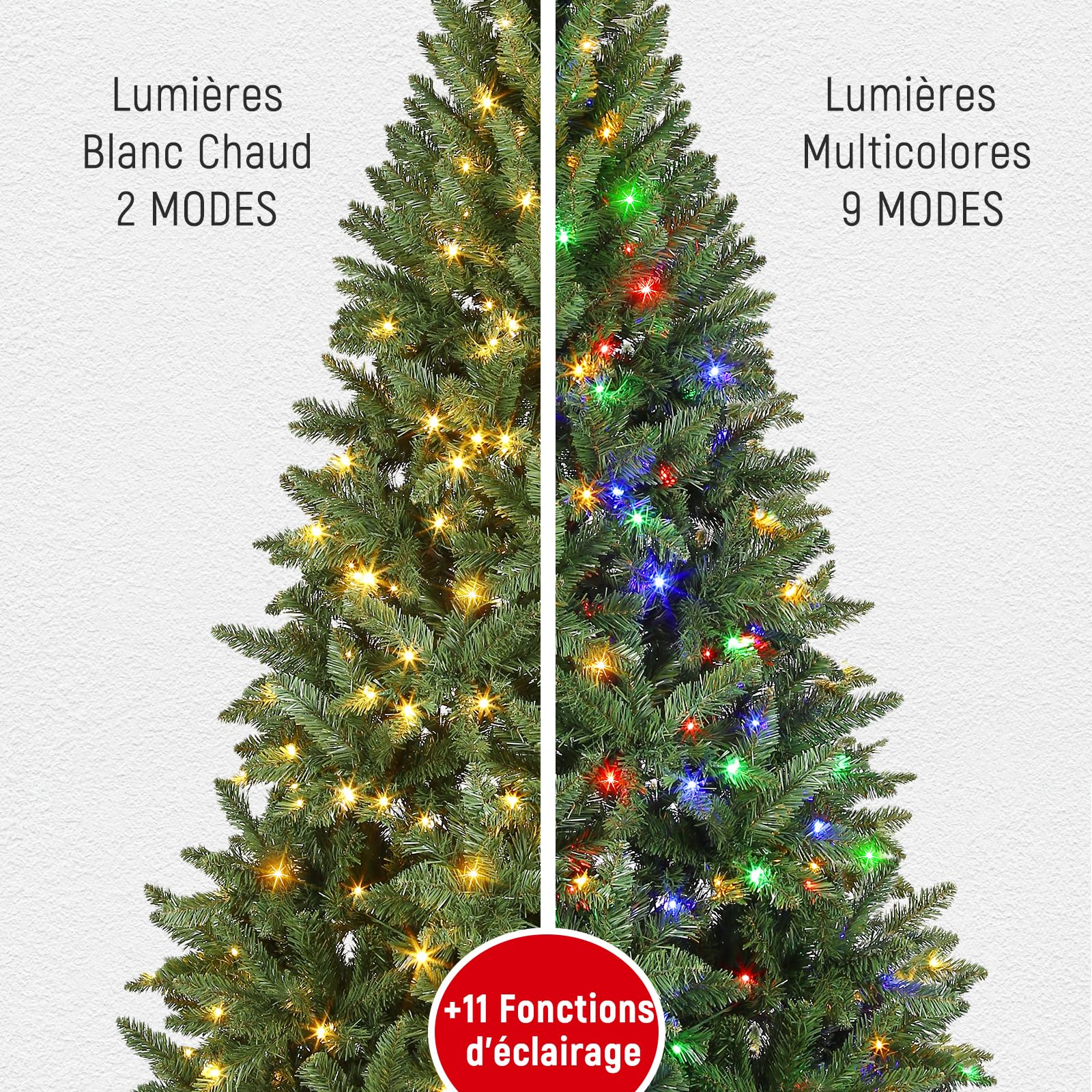 Rollingsurfer Sapin De Noël Artificiel Pré-Éclairé 180CM, Sapin Pin Premium À Charnières, 300 Lumières LED Multicolores, 1000 Pointes de Branches, 11 Modes d'Éclairage pour la Maison et Les Fêtes
