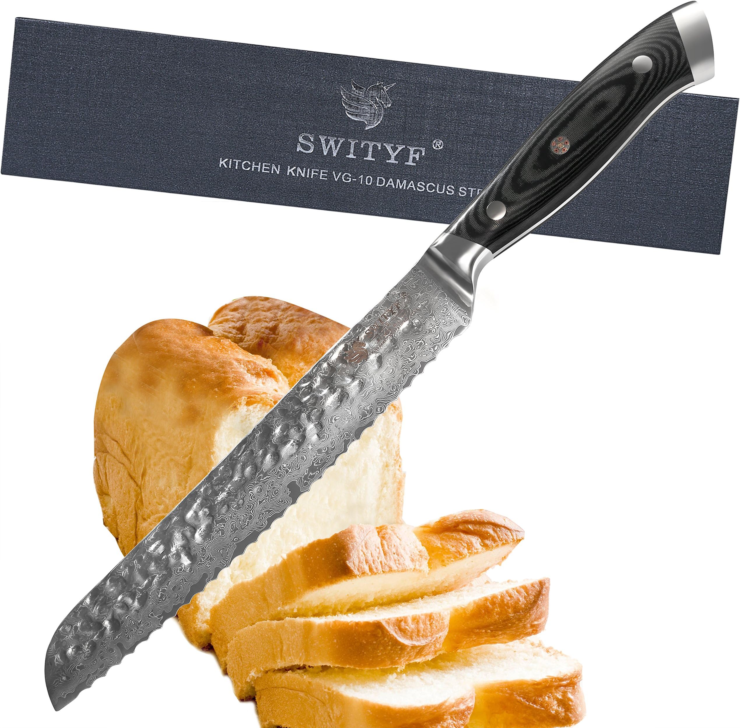 SWITYF Damascus Bread Knife 8" Professional,Ergonomic G10 Handle Blade Alveolar Design