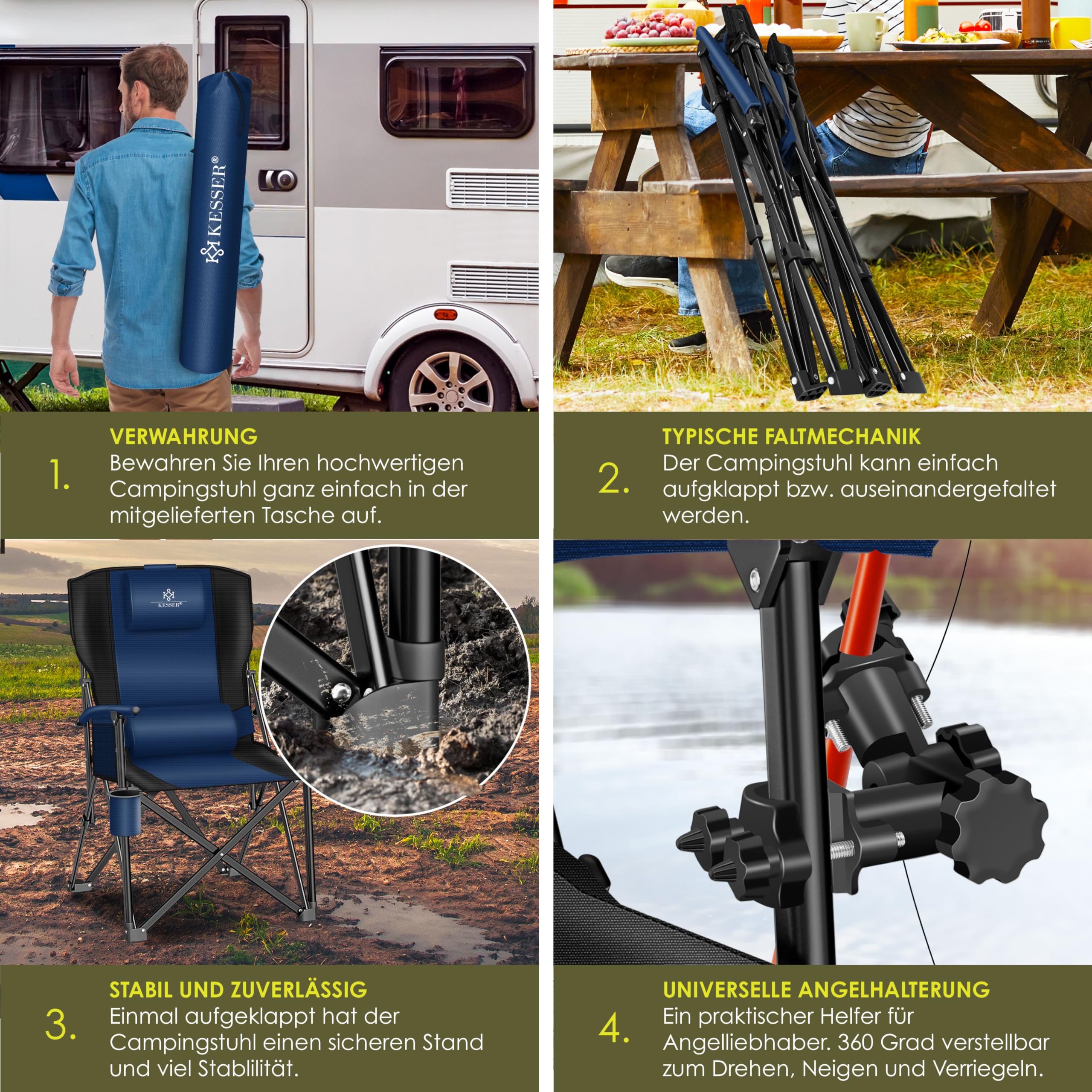 KESSER® Sedia da Campeggio Pieghevole fino a 160 kg, Imbottita con Braccioli, Luce da Campeggio, Portabicchieri, Borsa con Schienale Alto, con Porta Canne da Pesca, Navy Blue/Nero