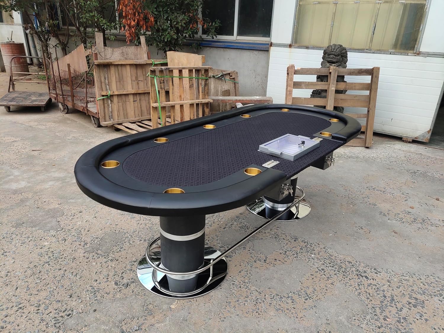 96" Poker Table for Casino Game Texas Holdem Oval Black with Waterproof Felt Chips Tray Drop Box