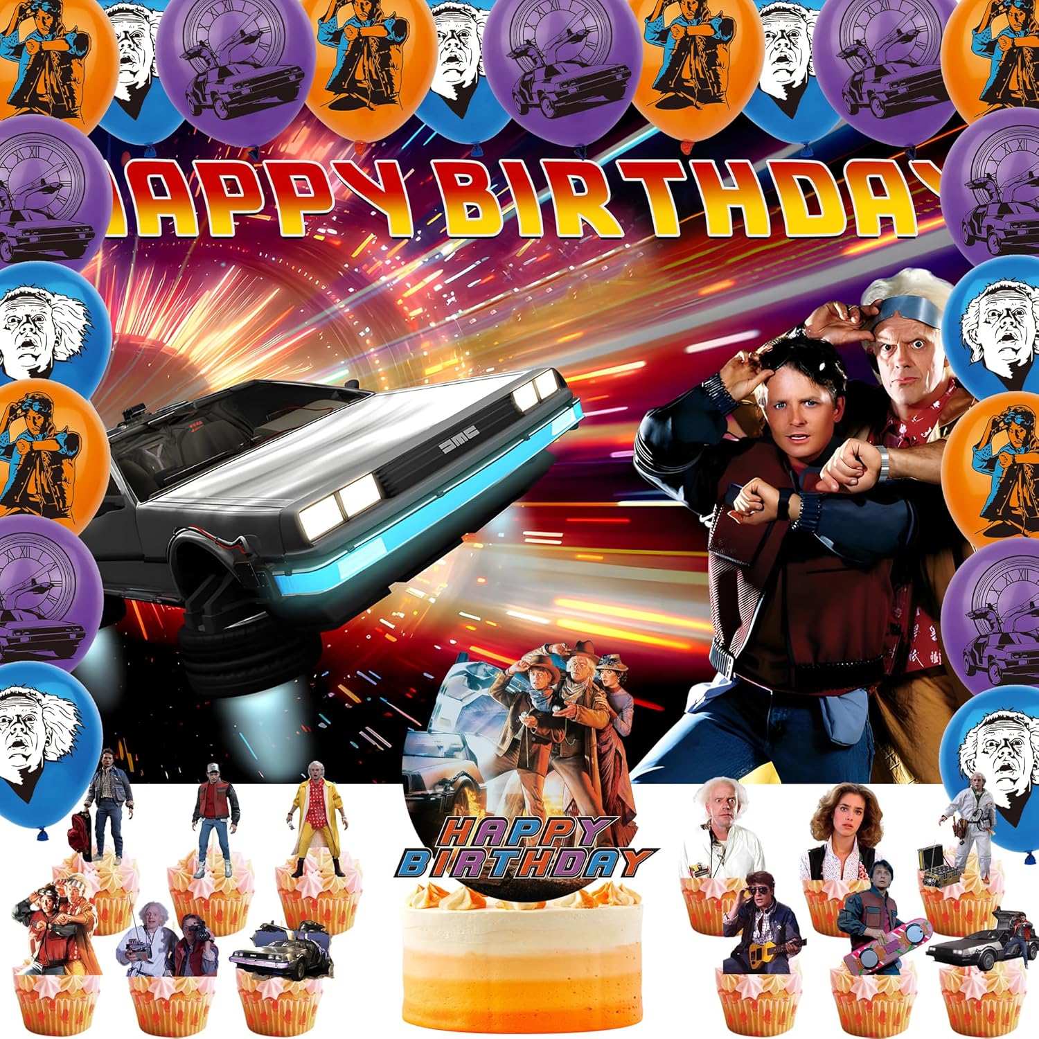 Back to 1985 Birthday Party Decoration, Include Party Backdrop 5 x 3 FT, Latex Balloons, Cake Topper for Kids Fans Birthday Party