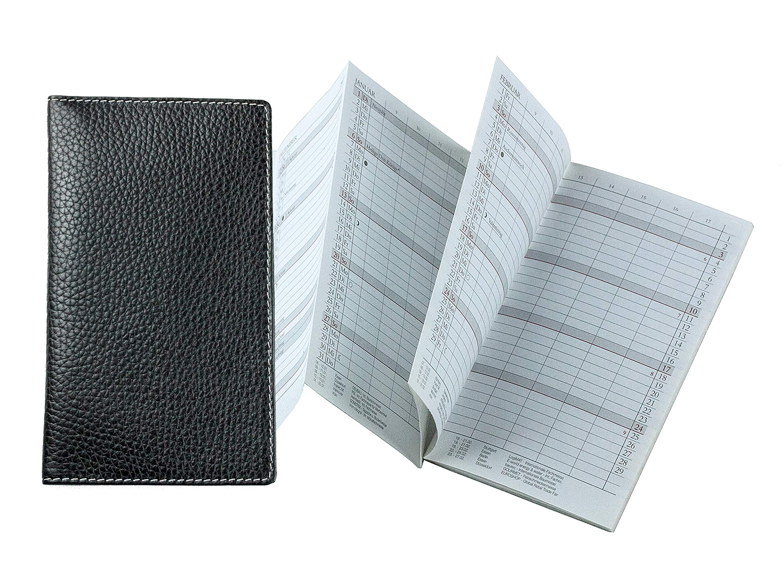 DELMON VARONE - Personalisierbarer Faltkalender 2026 + 2027 DIN A6 Soft Grain Leder schwarz - Organizer Terminplaner (1 Monat 2 Seiten) in Lederhülle - Termin Kalender Monatsübersicht & Adressenheft
