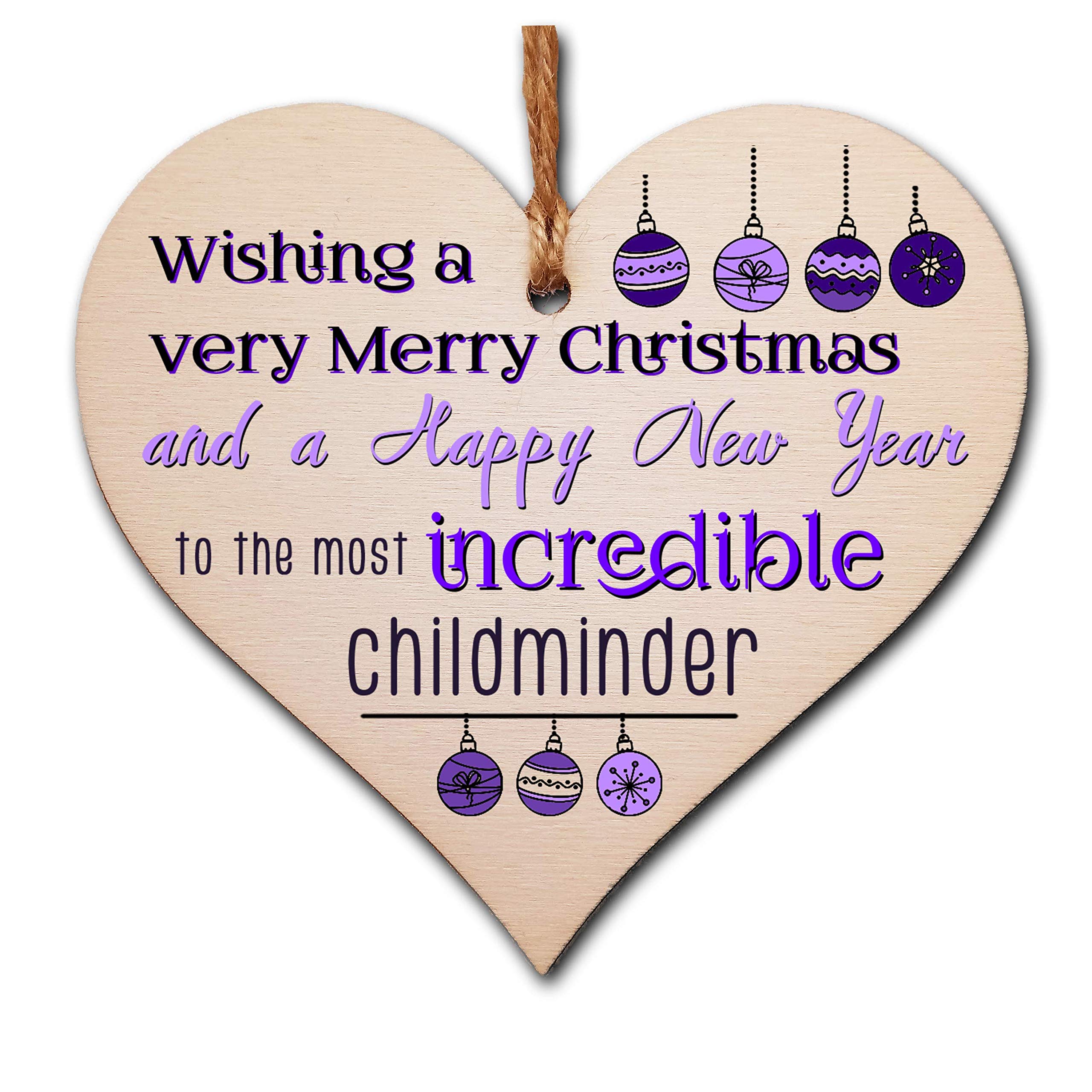 The Plum Penguin Handmade Wooden Christmas Hanging Heart Plaque Gift Wishing Merry Xmas and happy new year to most incredibel childminder card alternative funky wording