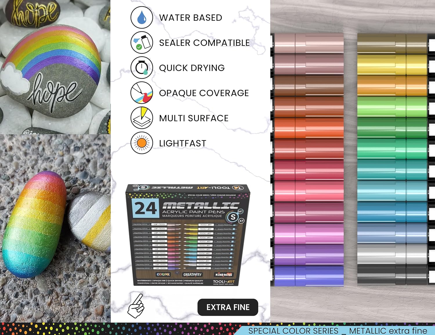 24 Metallic Acrylic Paint Markers Paint Pens Set 0.7mm Extra Fine Tip For Rock Painting, Glass, Mugs, Wood, Metal, Canvas, DIY Projects, Outlining, Detailing. Non Toxic, Waterbased, Quick Drying