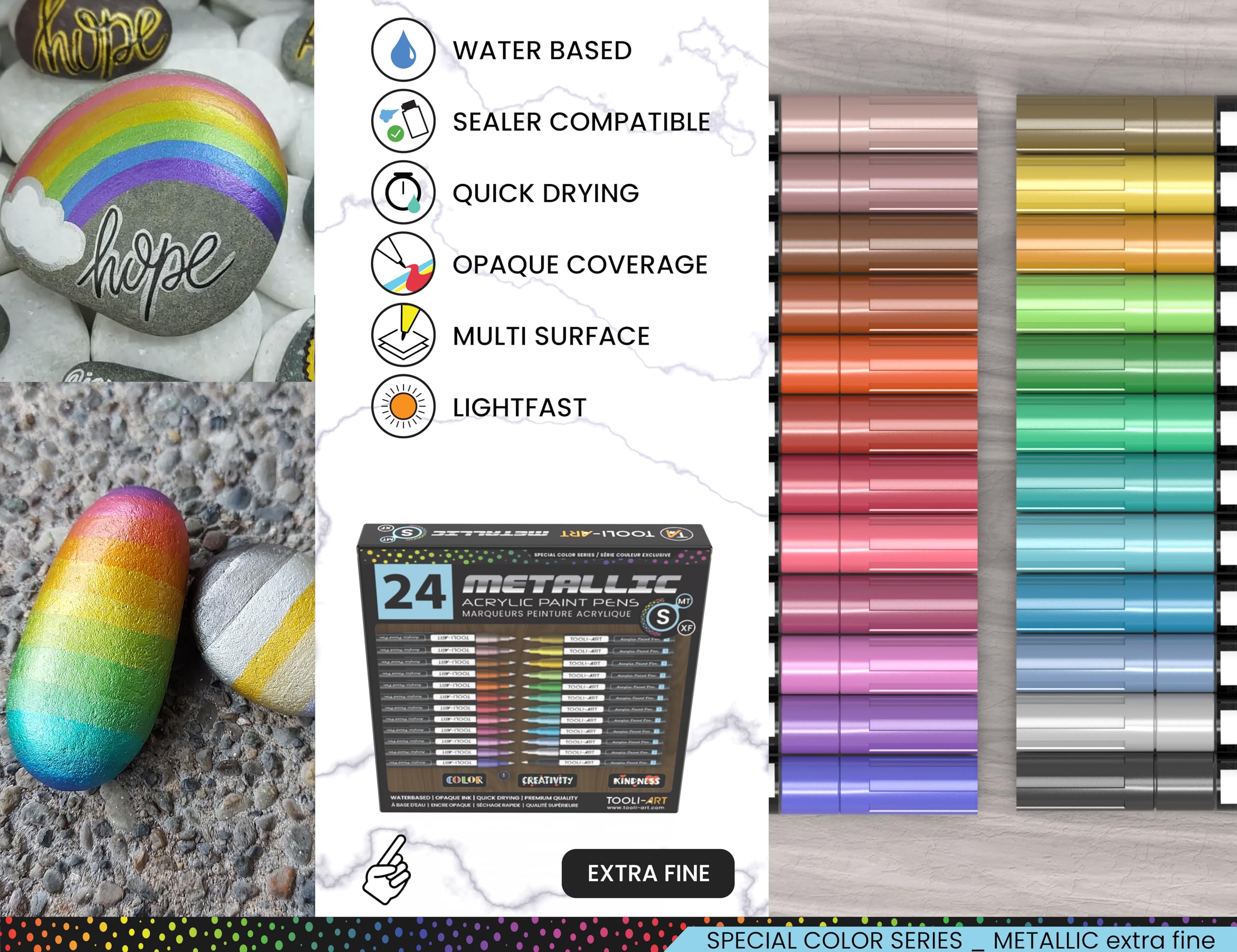 Juego de 24 marcadores acrílicos metálicos de 0,7 mm, punta extrafina para pintura en roca, vidrio, tazas, madera, metal, lienzo, bricolaje, contornos y detalles, no tóxicos