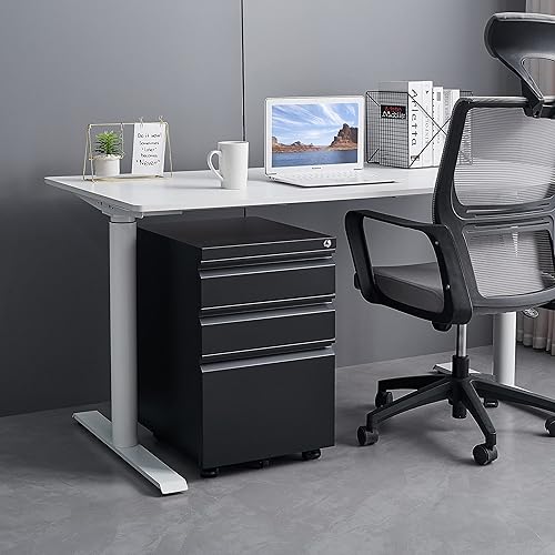 Miniatura 2 de Archivador de 3 cajones con cerradura, archivador móvil de acero sobre ruedas antiinclinación, gabinetes de oficina con bloqueo rodante debajo del