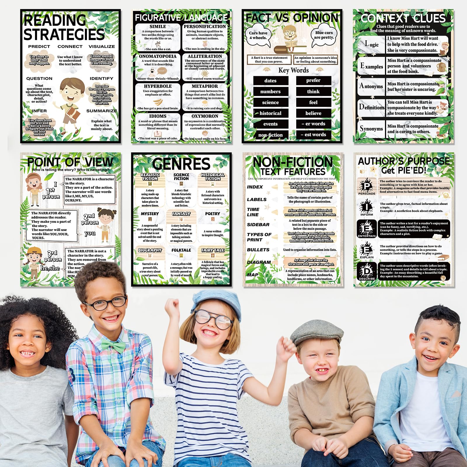 CHUNNIN 16Pcs Greenery Reading Comprehension Poster for Classroom Decoration Sign Boho Educational Motivational Literature Genre Bulletin Board Charts for Elementary Middle High School Wall Decor - Image 5