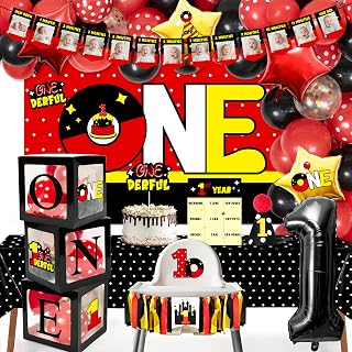 Mouse 1st Birthday Decorations for Baby - 1st Mouse Theme Party Supplies for Baby Shower Decoration Include Birthday Hat Cake Topper Backdrop Tablecloth Photo Banner Arch Balloon Boxes Poster