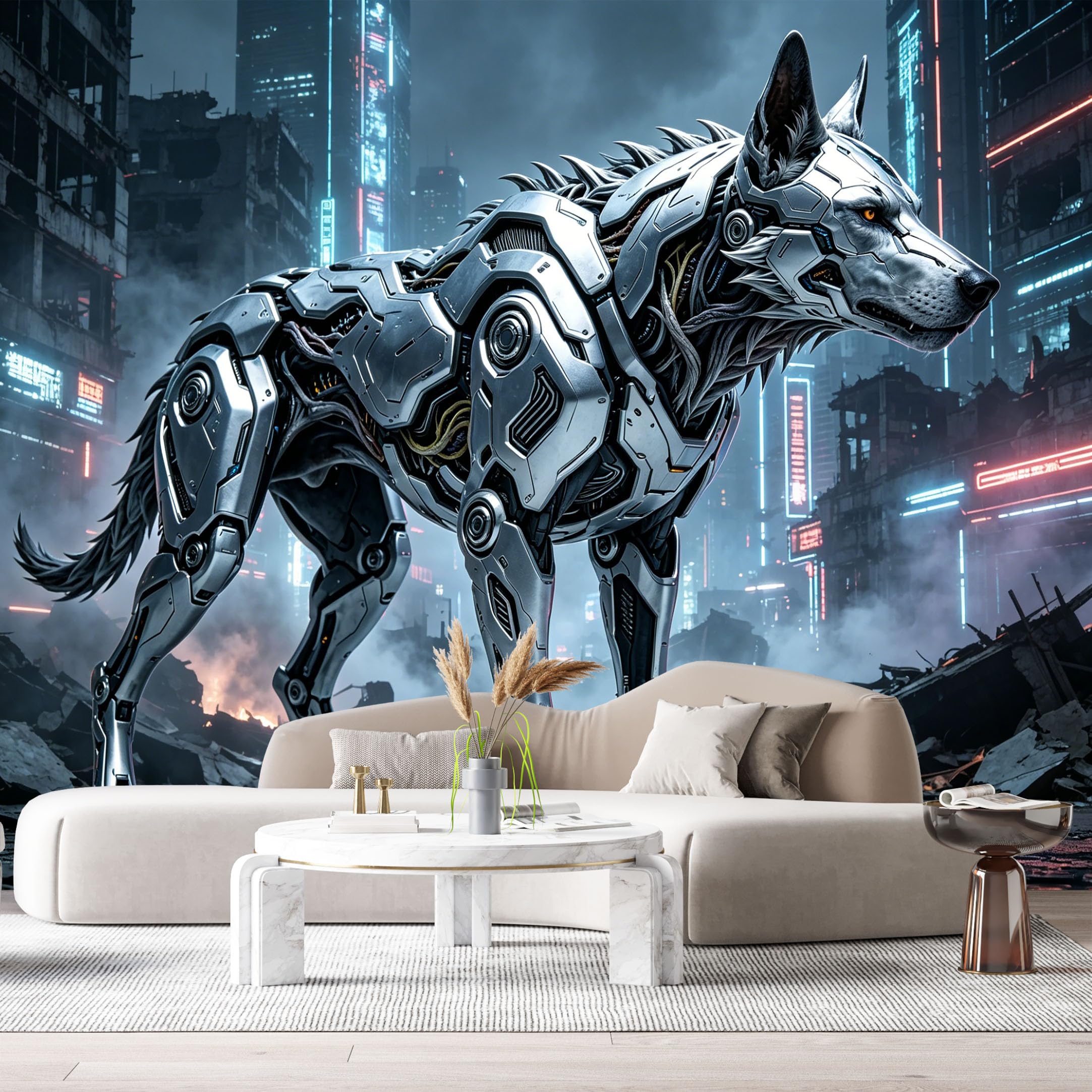 Custom Size Wall Mural Cybernetic Wolf Mecha Futuristic Neon SciFi Mechanical Beast SelfAdhesive Art Prints Removable Large Wallpaper Boy Bedroom Esports Room Game Room Tenant Room Studio