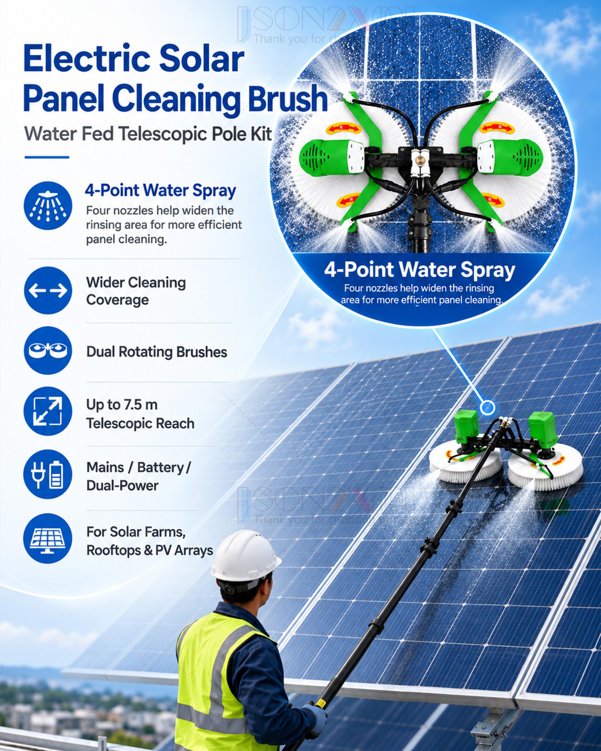 Kit Brosse rotative Panneaux solaires à Eau, Perche Aluminium télescopique avec Moteur sans Balai & Spray 4 Points 5.5m/18.04ft-Mainspower