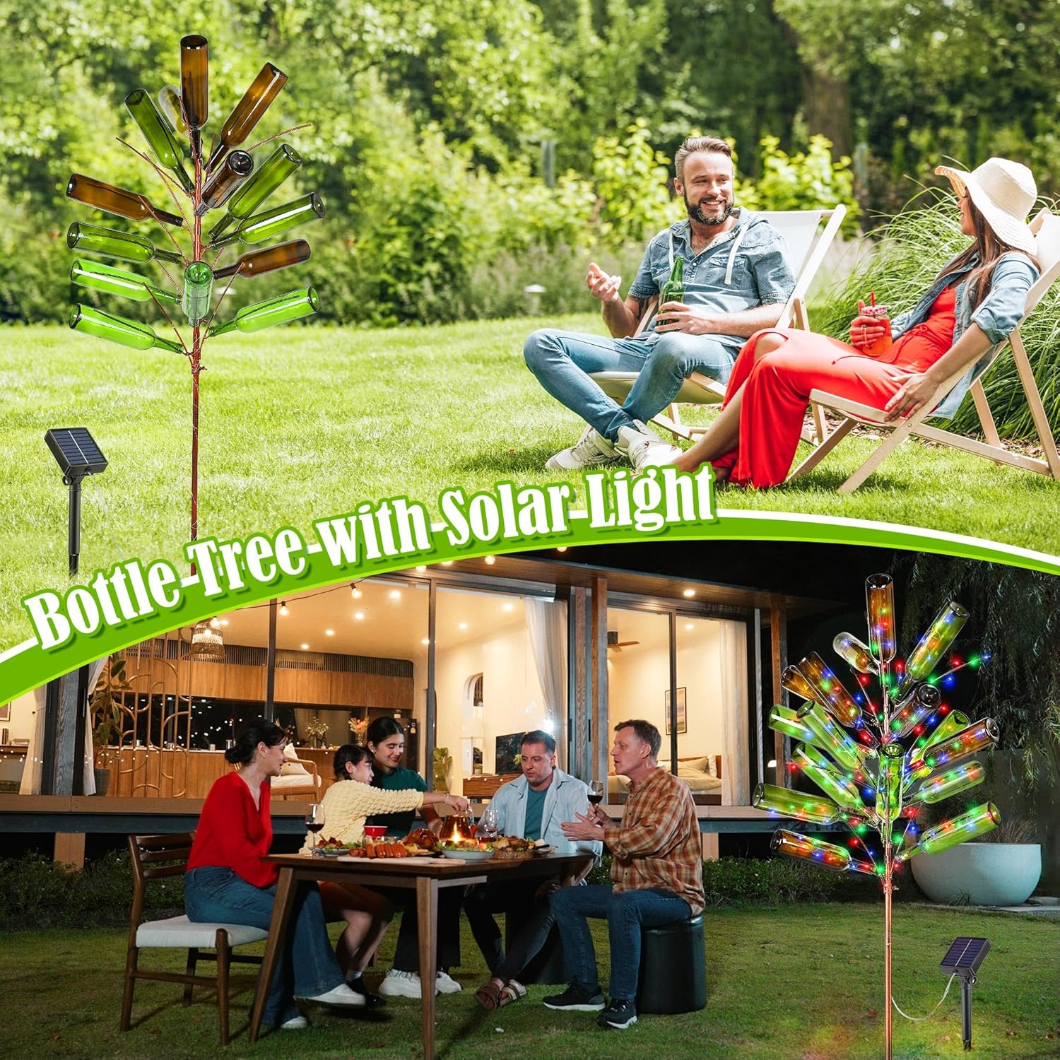 Meonum Solar Light Bottle Tree, 61" Metal Garden Sculpture for Yard & Patio Decor, Colorful Outdoor Wine Holder for Garden & Lawn Decoration, Holds 24 Glass Containers(Bronze)