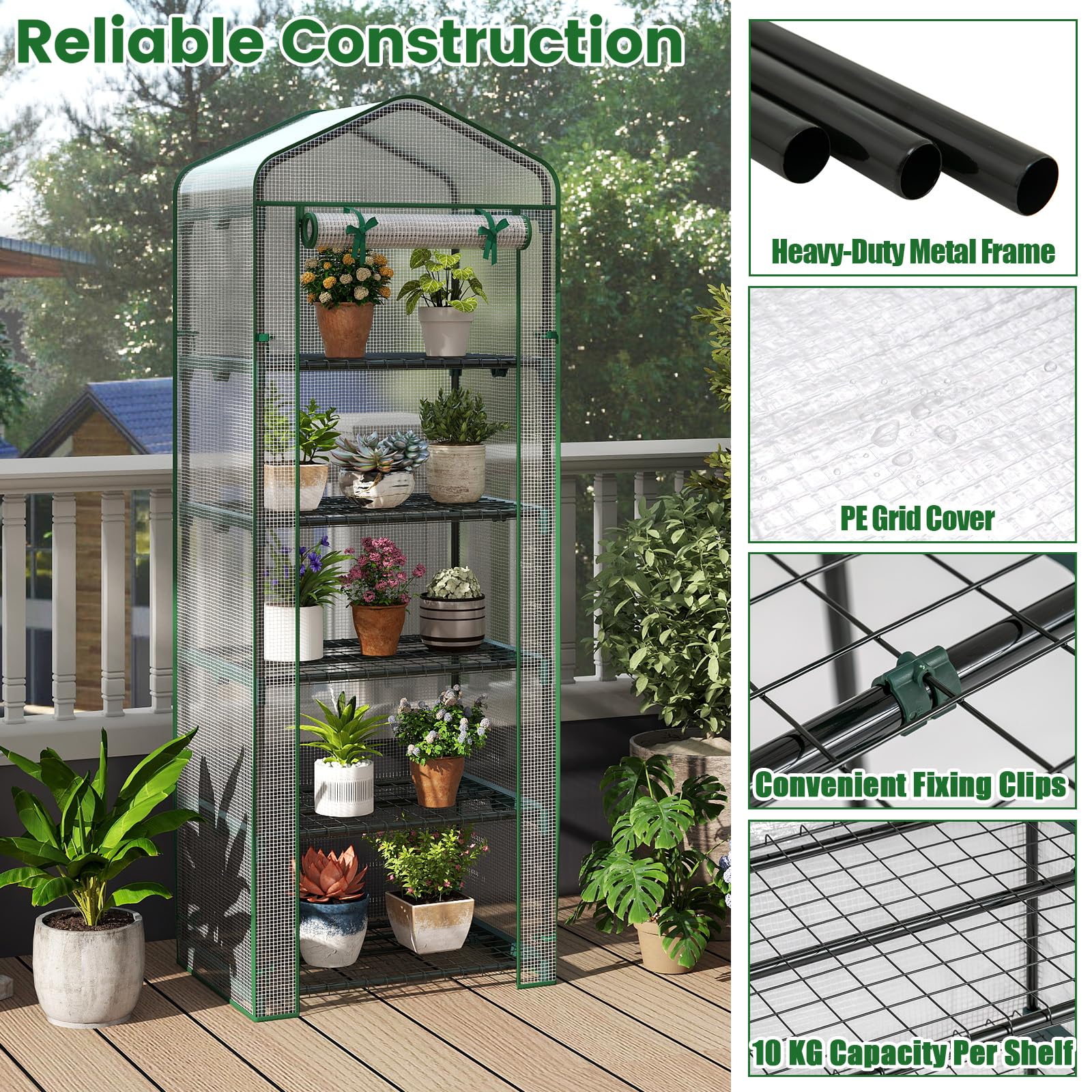 HOMASIS Serre de Jardin avec 4/5 Étagères, Serre de Balcon avec Porte Enroulable à Charnière, Étagère Amovible pour Plantes en Acier, Mini Herbe pour Jardin d'hiver (Transparent, 69 x 48 x 190 cm)